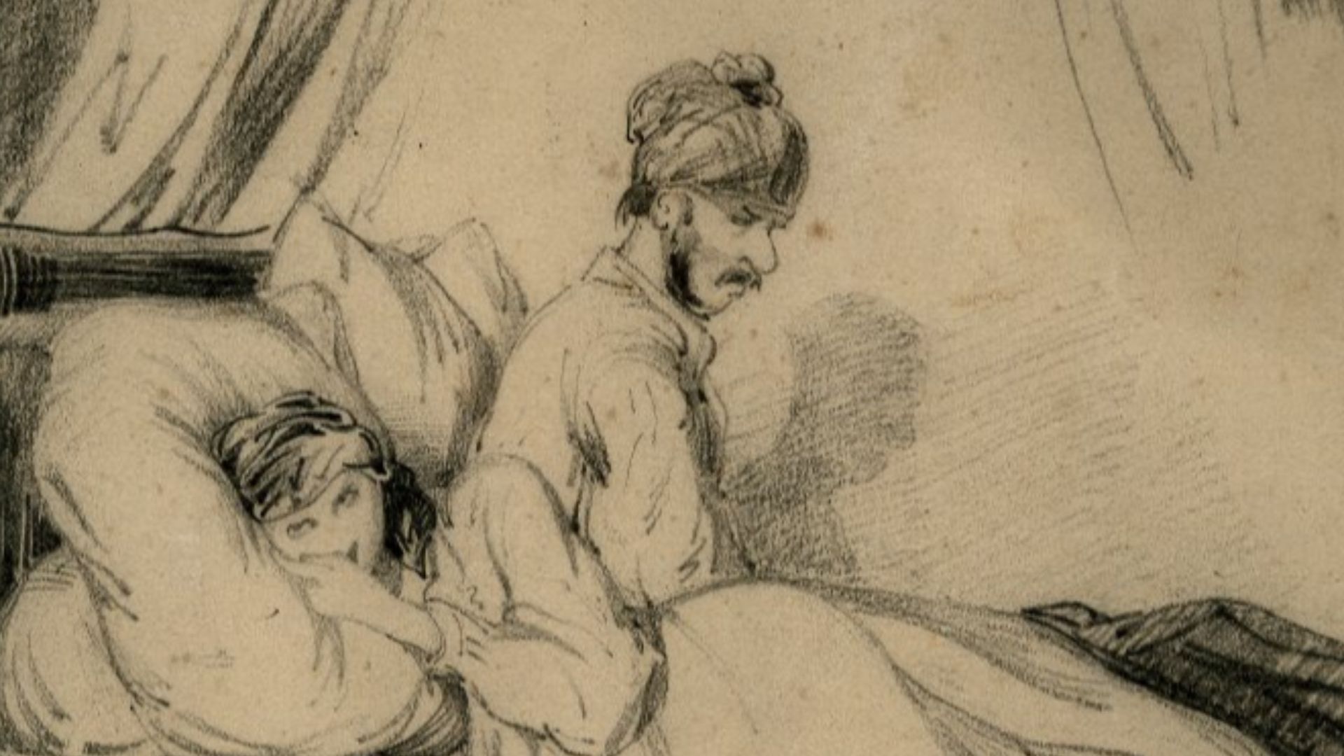 The deceitfulness of women, study drawing for satirical lithograph in the series 'Fourberies des femmes,' by the French artist Paul Gavarni. Charcoal or black chalk; on grey-brown paper. 237 mm x 188 mm. Courtesy of the British Museum, London.