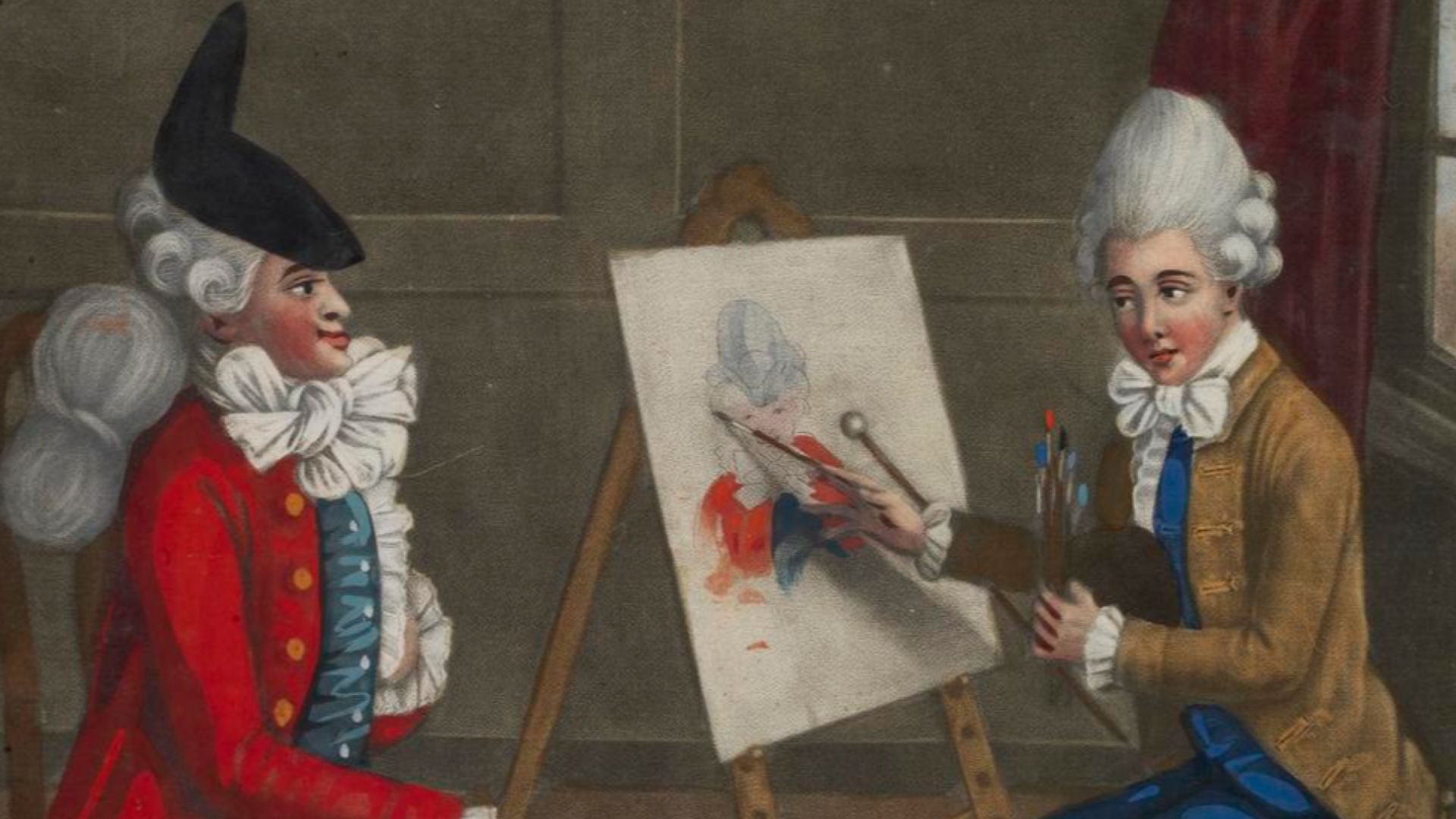 Satire on macaronis: a painter in fashionable dress and wig seated at an easel painting the portrait of a fellow macaroni.  1772
Hand-coloured mezzotint