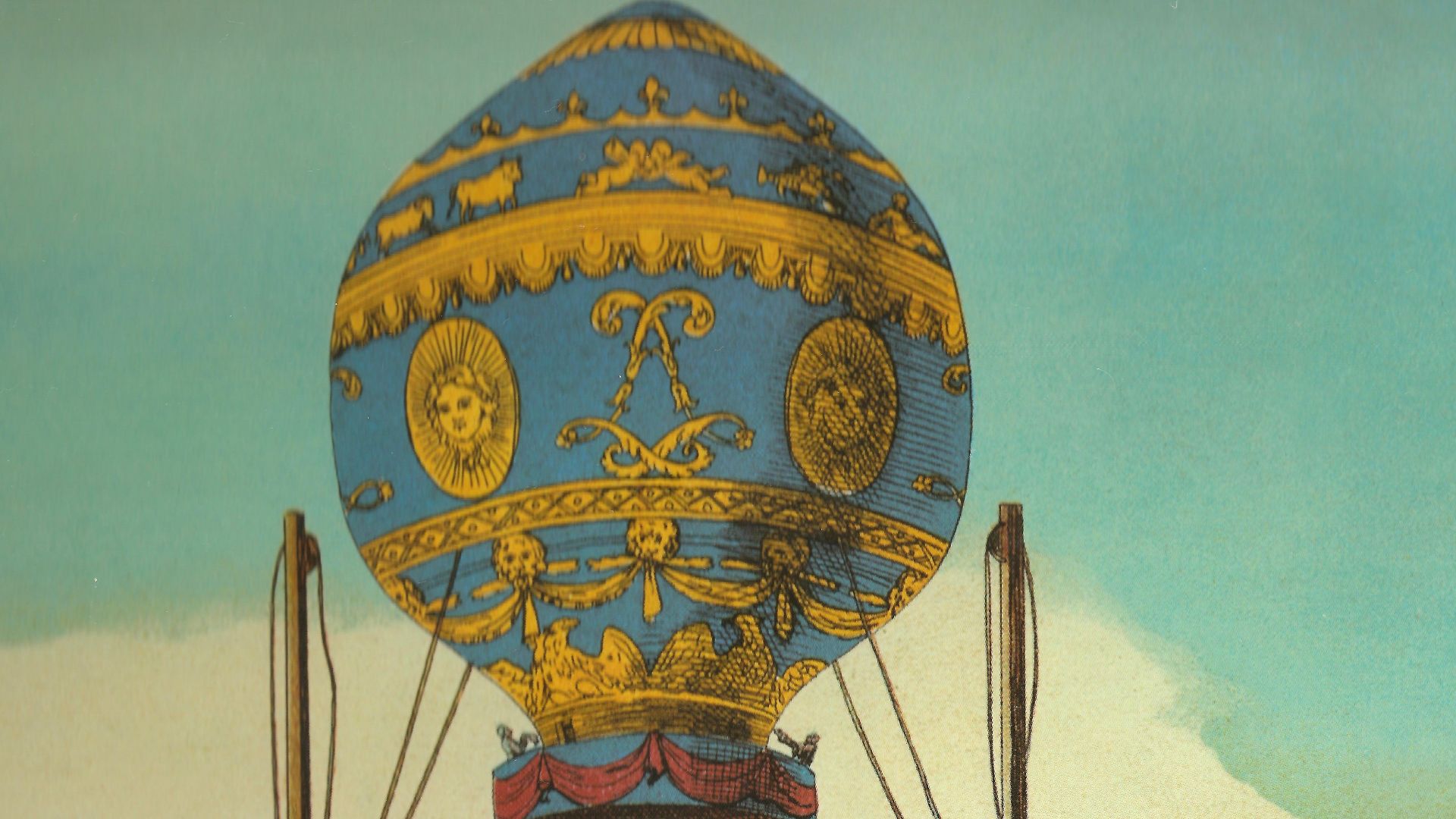 The first manned hot-air balloon, designed by the Montgolfier brothers, takes tethered off at the garden of the Reveillon workshop, Paris, on October 19, 1783.