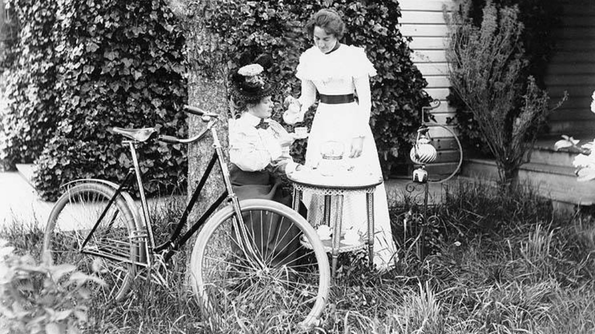 Written on verso: A tea party in the garden of an early Hoquiam home.
PH Coll 1566.40
Subjects (LCSH): Bicycles--Washington (State)--Hoquiam; Women--Washington (State)--Hoquiam; Tea parties--Washington (State)--Hoquiam