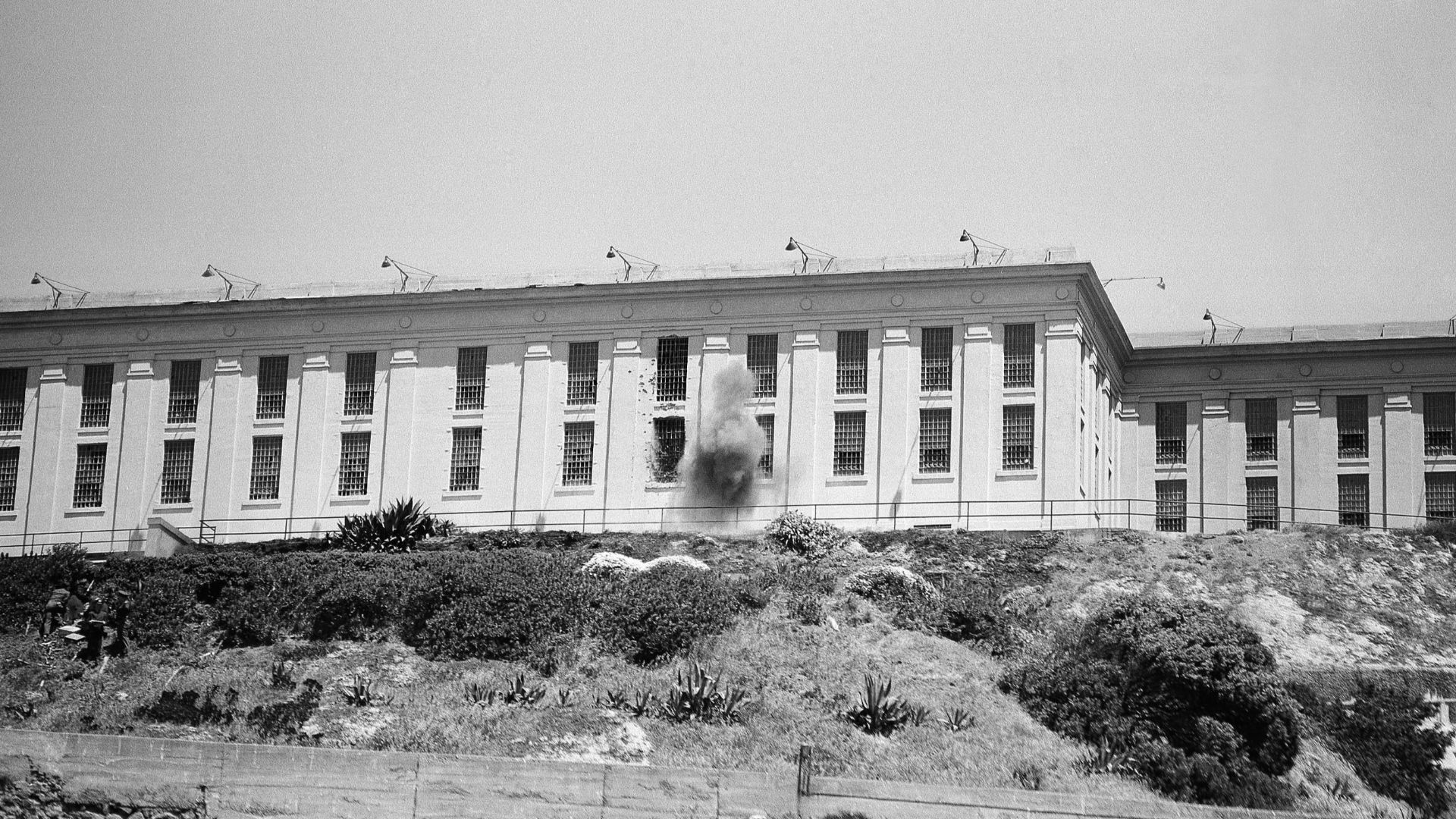 Alcatraz cellhouse shelled by mortars, May 3, 1946