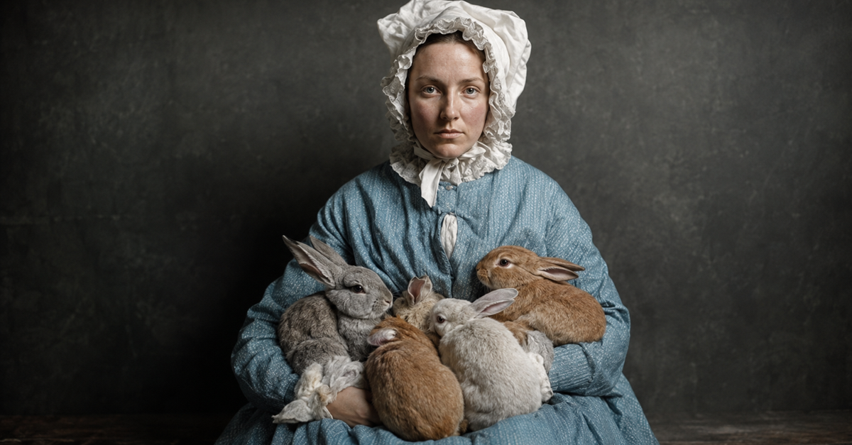 AI-generated image of woman in Georgian-era clothing holding several rabbits