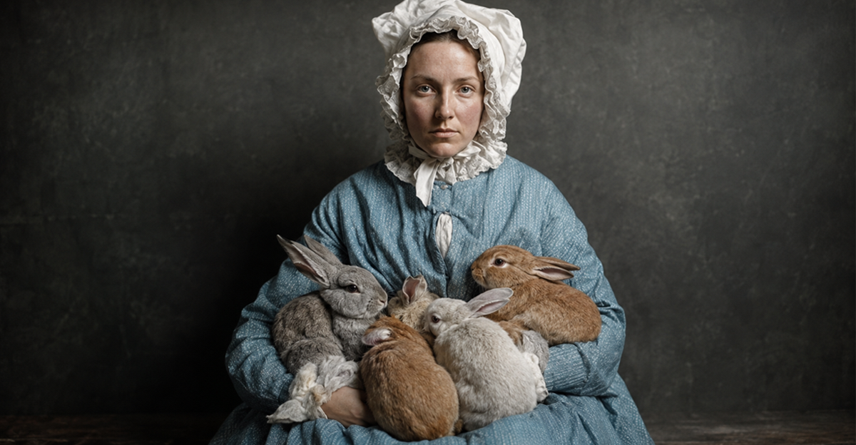 AI-generated image of woman in Georgian-era clothing holding several rabbits