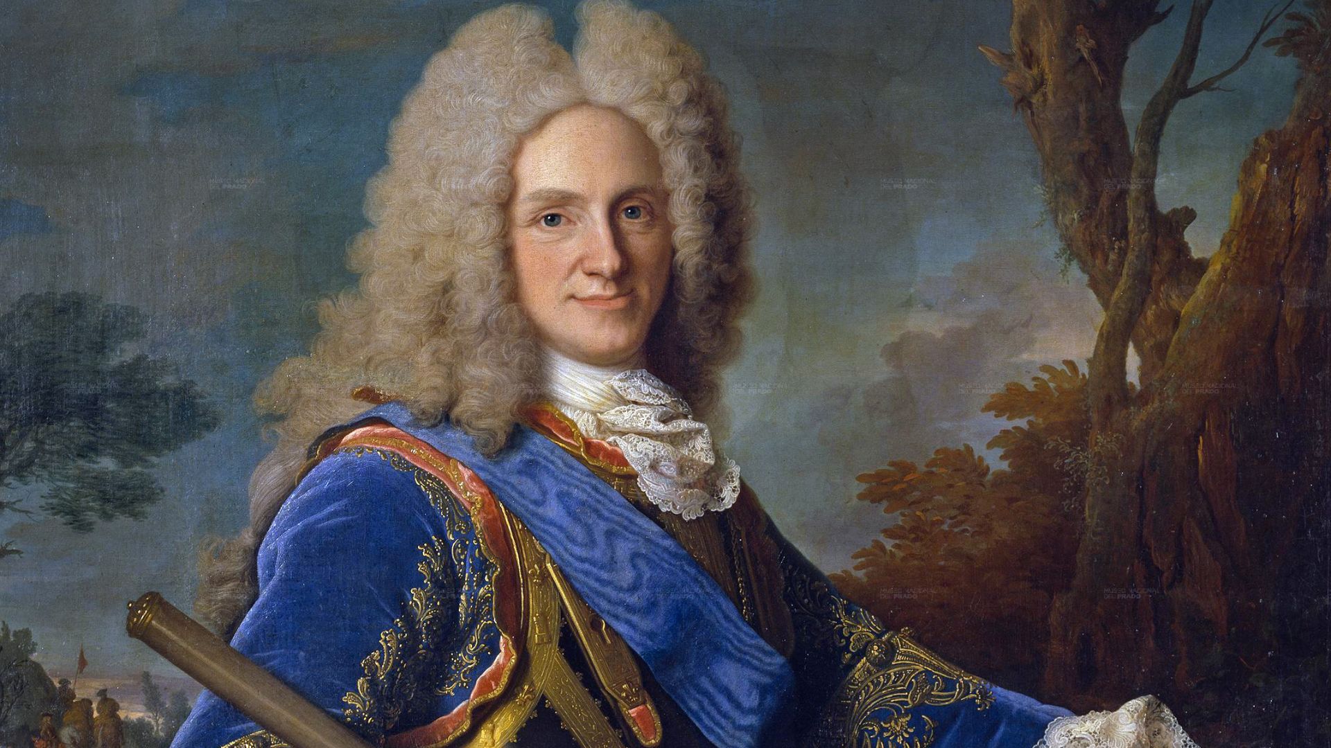 This is an official portrait of Felipe V (1683-1746), the first Bourbon king of Spain. The grandson of Louis XIV (1638-1715) of France, he was born in Versailles and was proclaimed King of Spain in 1700. Married two times, he had numerous children and die