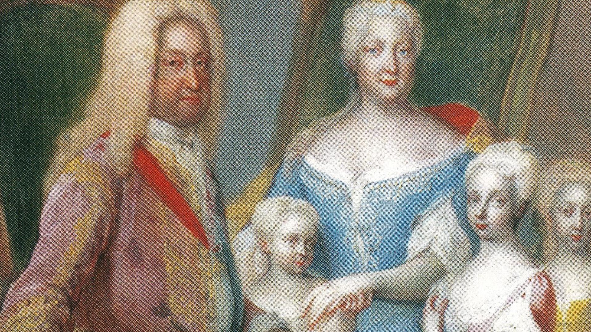 Charles VI, Empress Elisabeth Christine holding Archduchess Maria Amalia, Archduchess Maria Theresa standing and Archduchess Maria Anna at the right, in the background.