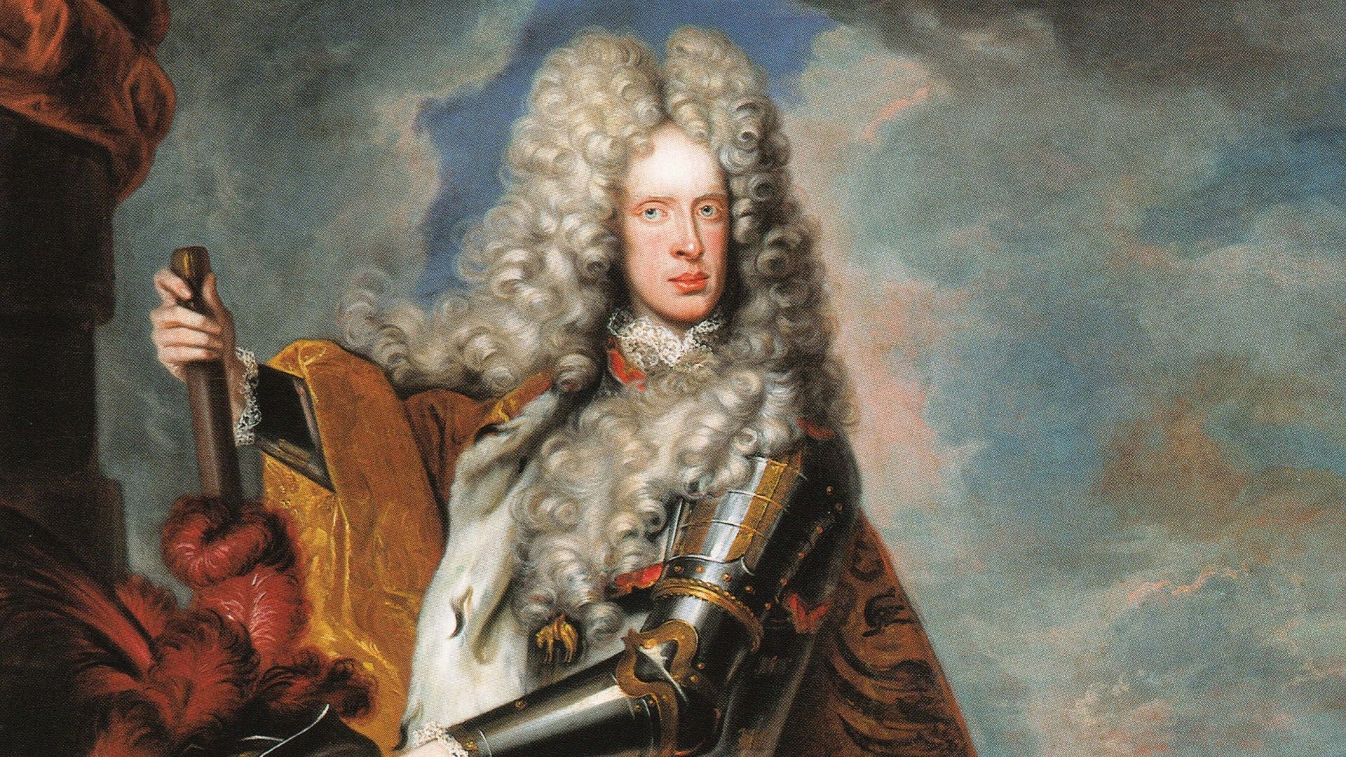 Ölgemälde von Kaiser Joseph I. mit Harnisch und Feldherrenstab vor einer Schlachtenszene.