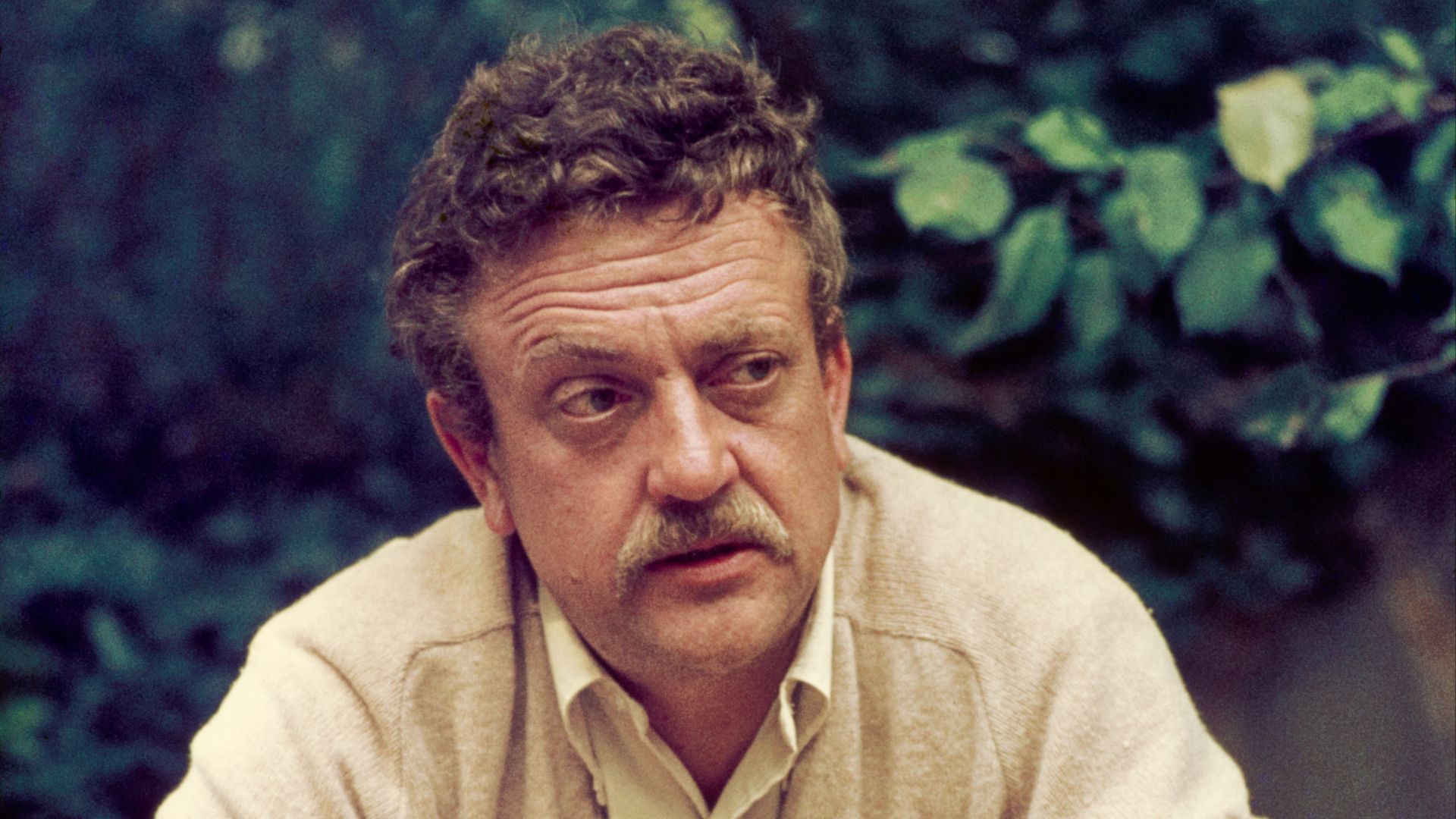Kurt Vonnegut by Bernard Gotfryd, colour transparency 35mm slide format.   On mount: 71089392;  Gotfryd set no.: C-720-001-A. 

Restoration: Colours adjusted to deal with the fading of red ink more than blue; spots and hair removed, corners sharpened up a