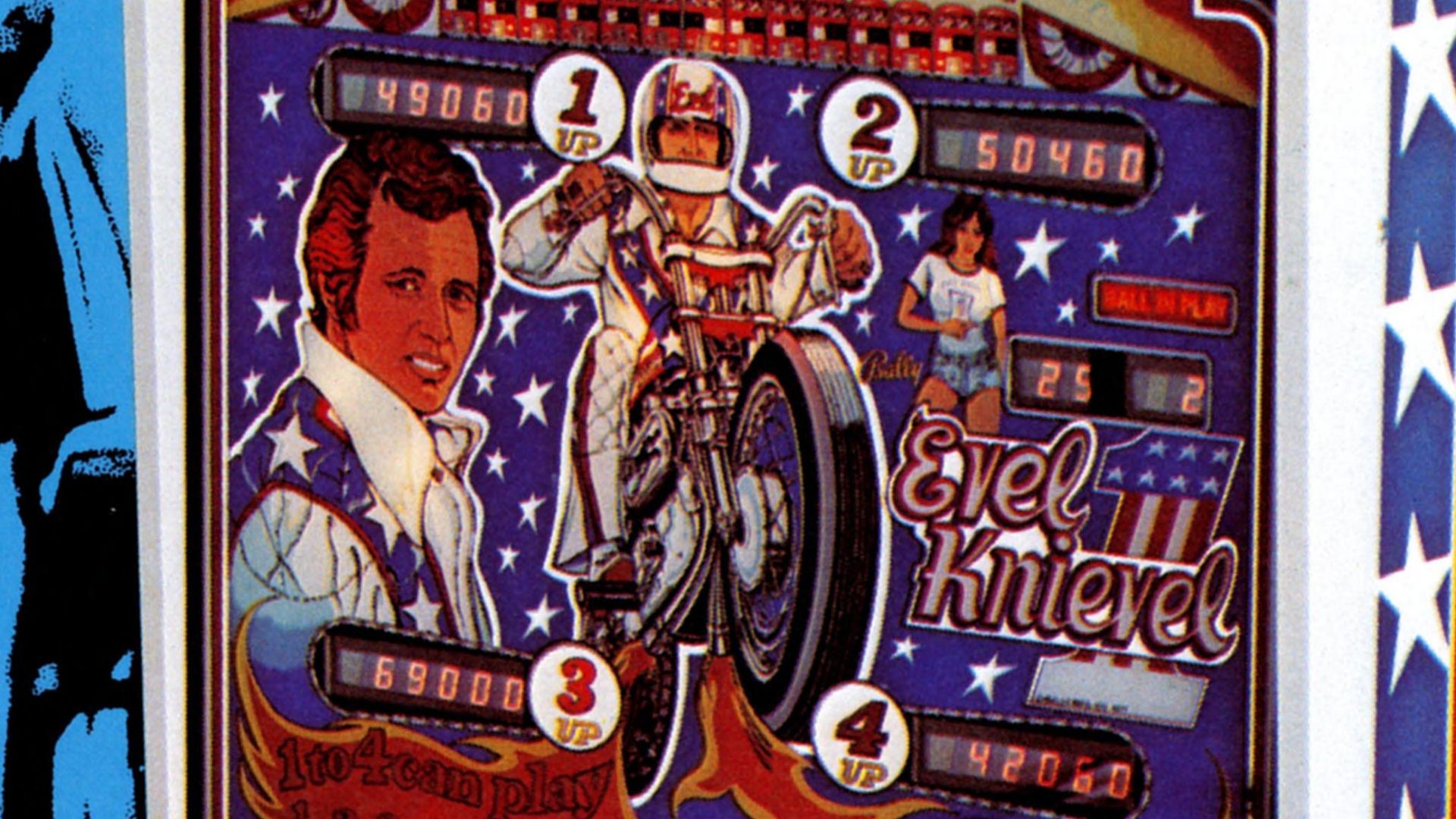 A July 1977 printed advertisement for the licensed Evel Knievel pinball game by Bally.