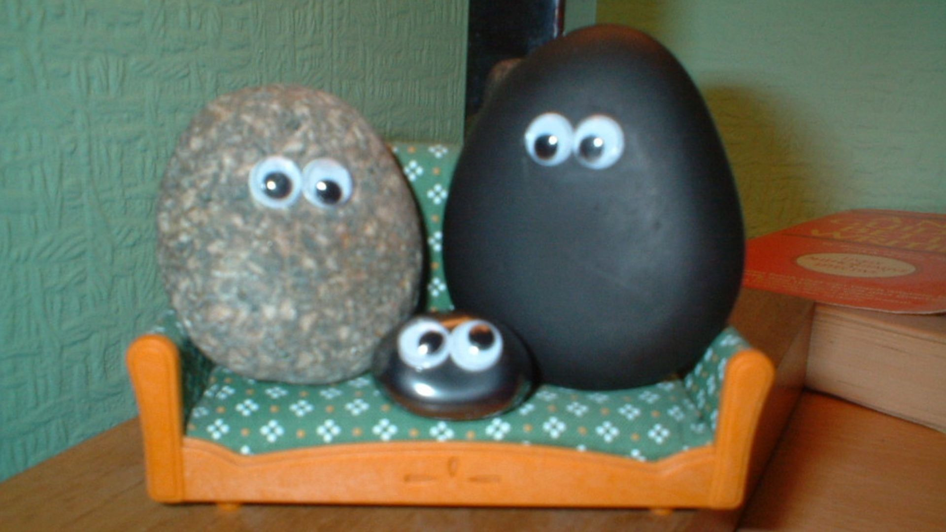 Image of imitation pet rocks. The original rocks had no eyes.
