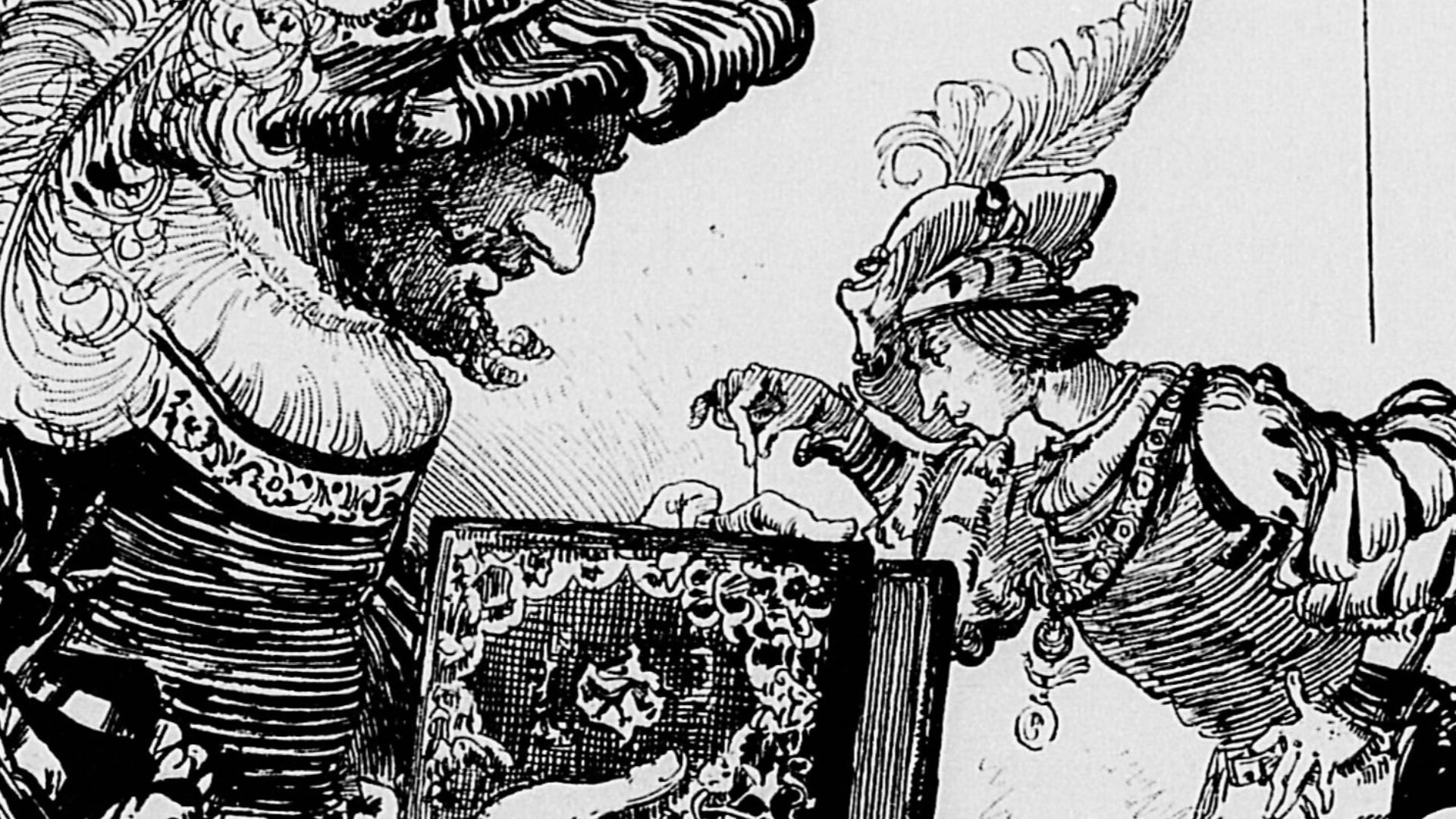 Panurge recourt à plusieurs procédés divinatoires pour savoir s'il va se marier. Illustration du Tiers Livre de François Rabelais, illustré pour une édition des Œuvres complètes en deux volumes par la Librairie illustrée en 1886.