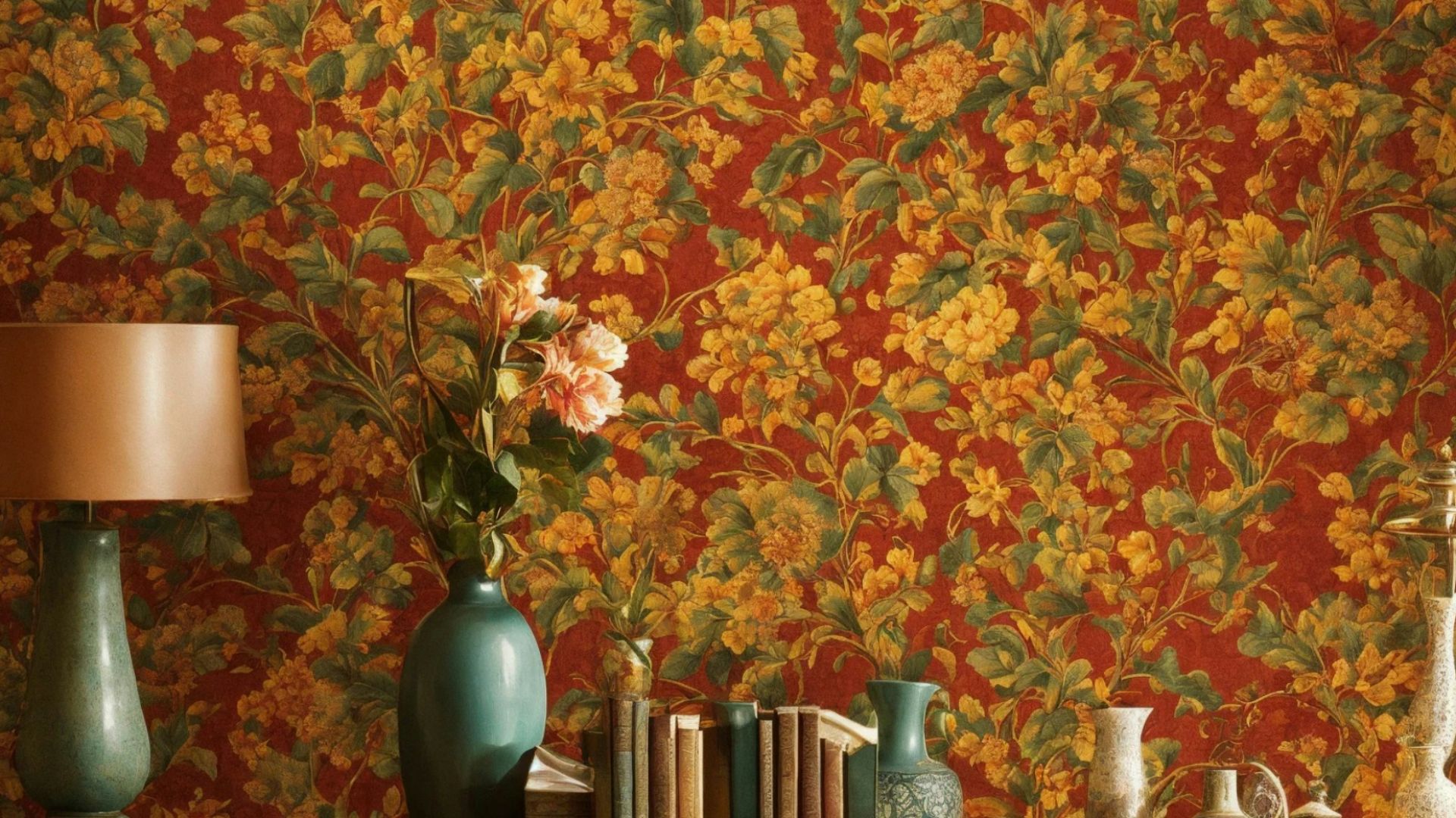 a room with a bench, lamp, vases and a bookcase
