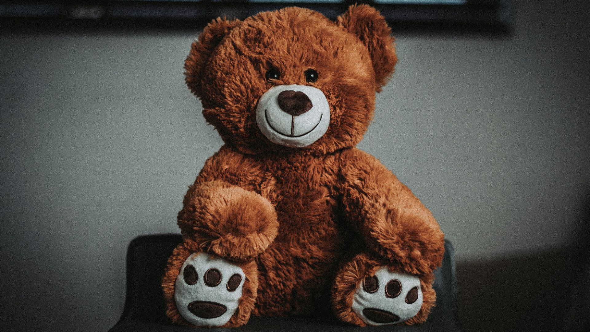 a brown teddy bear sitting on top of a black chair