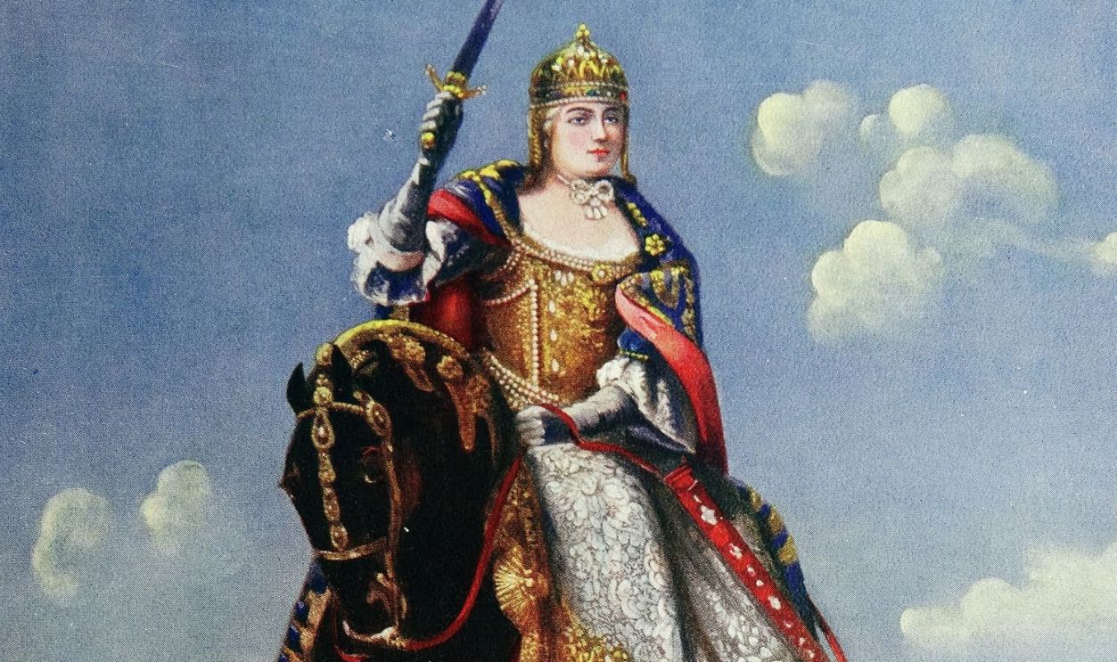 Maria Theresa on the coronation hill at Pressburg, the former capital of Hungary. She was the eldest daughter of the Emperor, Charles VI, and was born in Vienna in 1717. She married Francis of Lorraine, Grand Duke of Tuscany, in 1736, and on her father's death in 1740 became archdutchess of Austria, and Queen of Hungary and Bohemia. 
