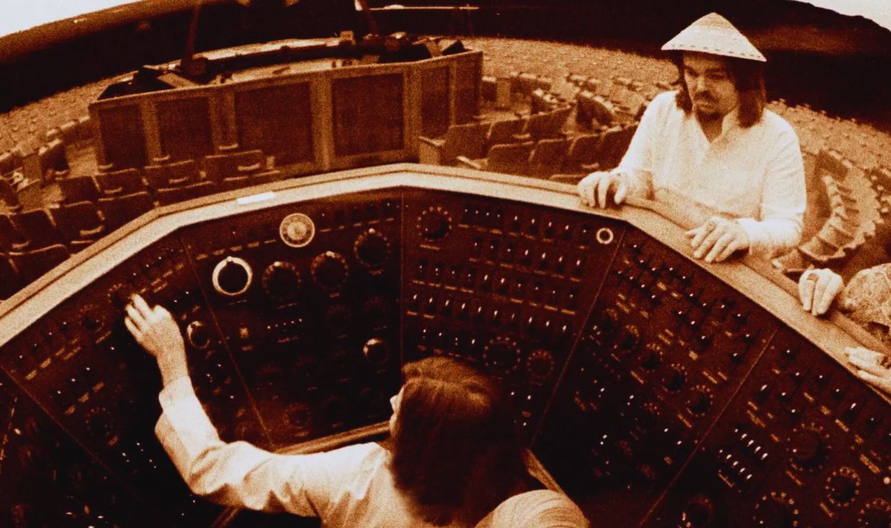 Captain Beefheart (wearing hat, top) and members of The Magic Band in the control center of the Planetarium of Griffith Park Observatory, Los Angeles, California, 1972. The image was used on the cover of their 1972 album, Clear Spot'.
