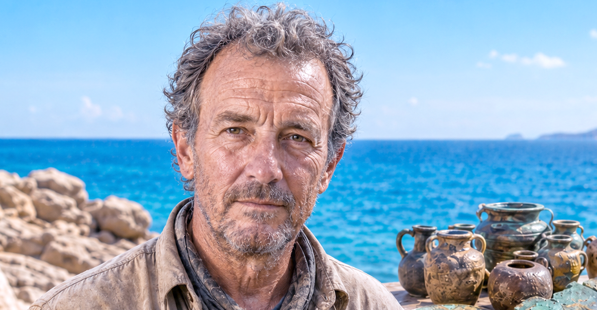Older archaeologist on the coast of Turkey with bronze age artifacts