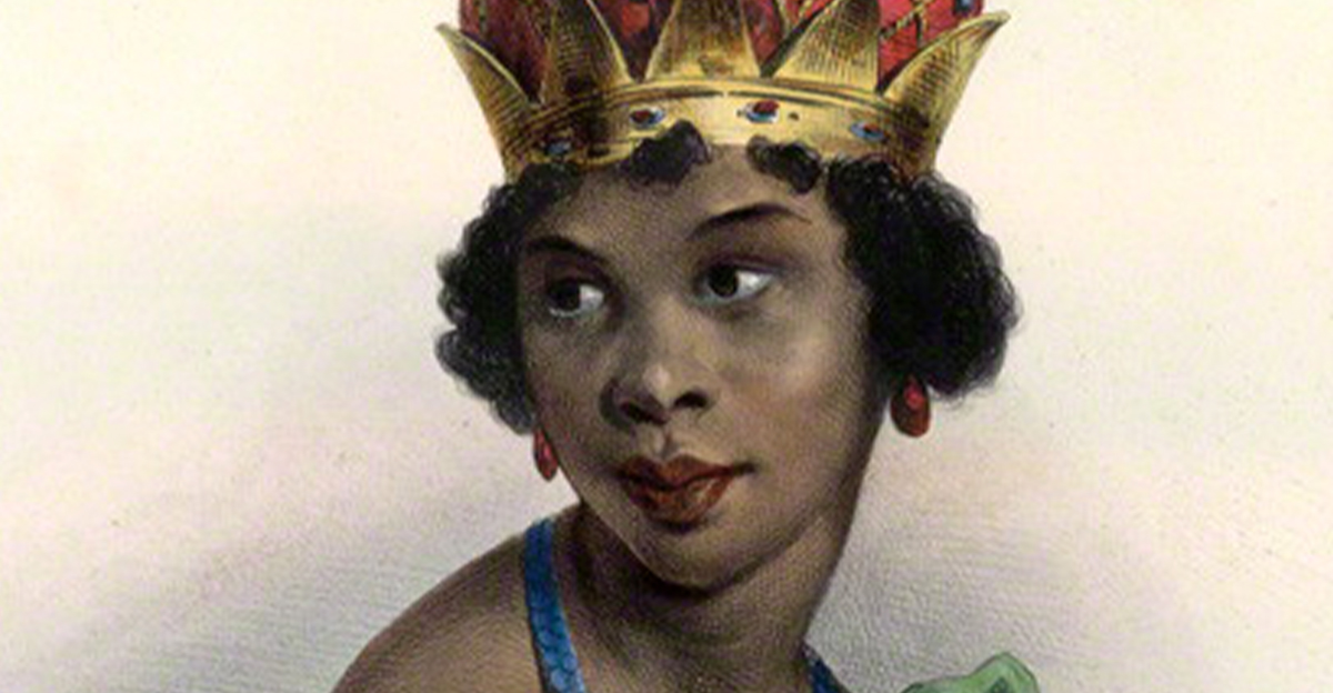 Hand colored lithograph of Queen Nzinga Mbande.