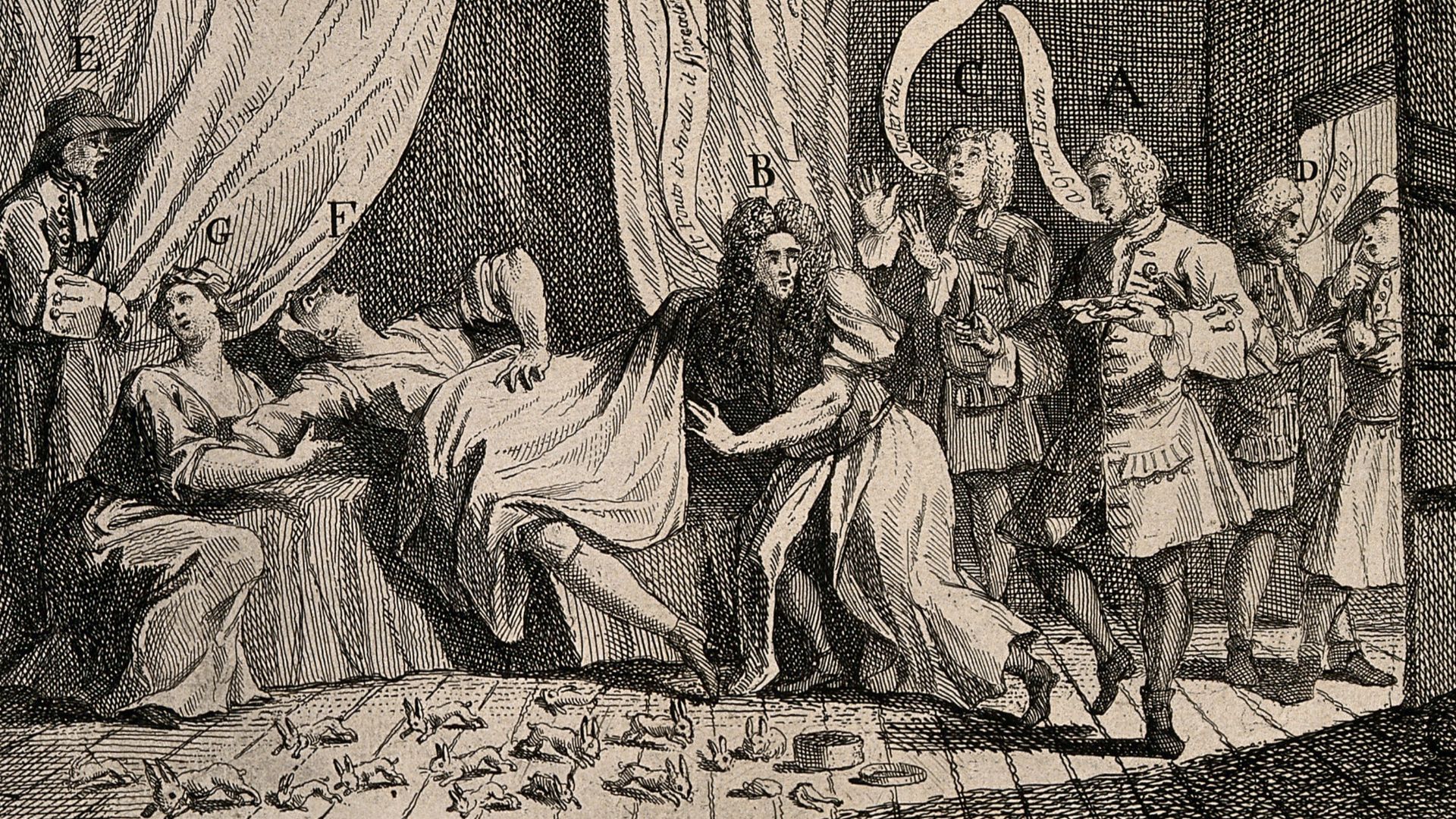 Mary Tofts duping several distinguished surgeons, physicians and male-midwives into believing that she is giving birth to a litter of rabbits. Etching by W. Hogarth, 1726.
Iconographic Collections
Keywords: Samuel Molyneux; William Hogarth; Joshua Toft;