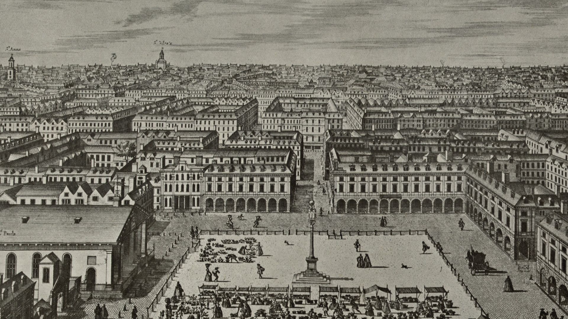 Title: General view of Covent Garden looking north, circa 1720, from an engraving by Sutton Nicholls
Abstract/medium: 1 photomechanical print : halftone.
