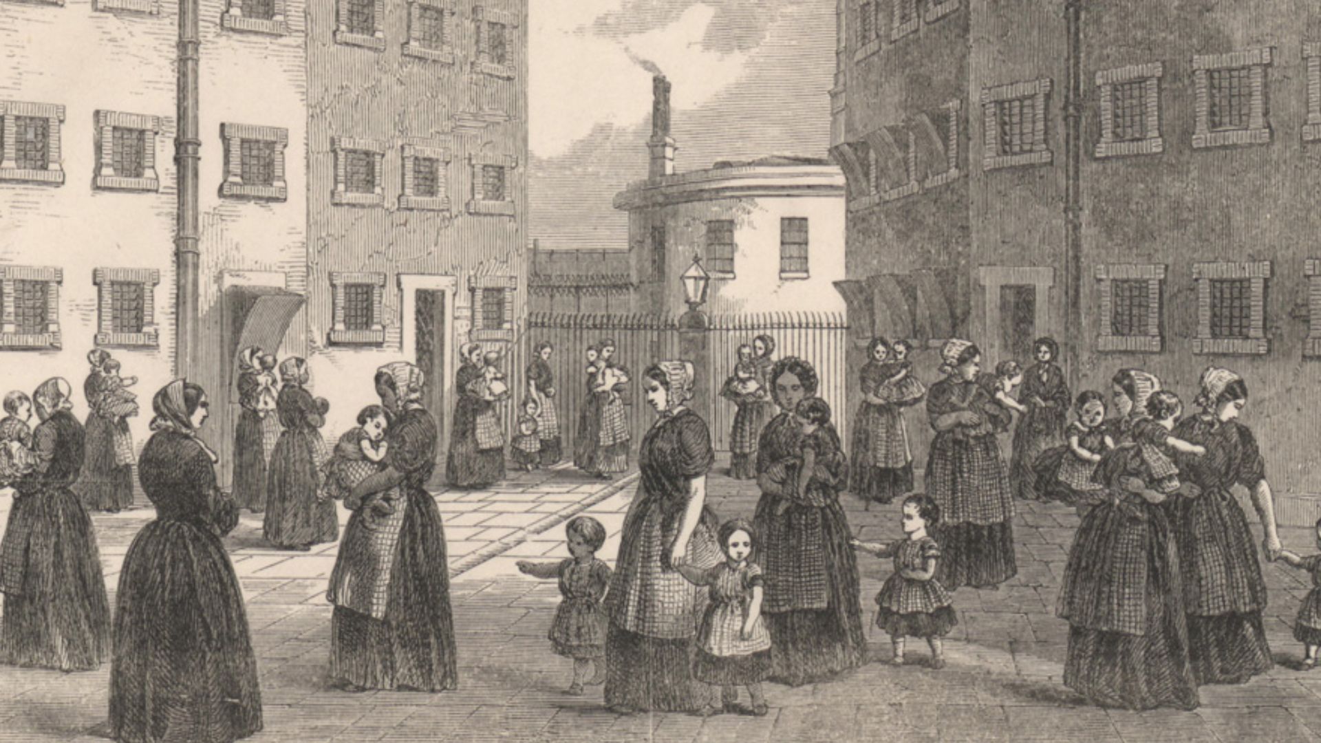 Wood engraving showing mothers, with their children, exercising at Tothill Fields Bridewell (prison), London. Shelfmark: Crime 9 (64)