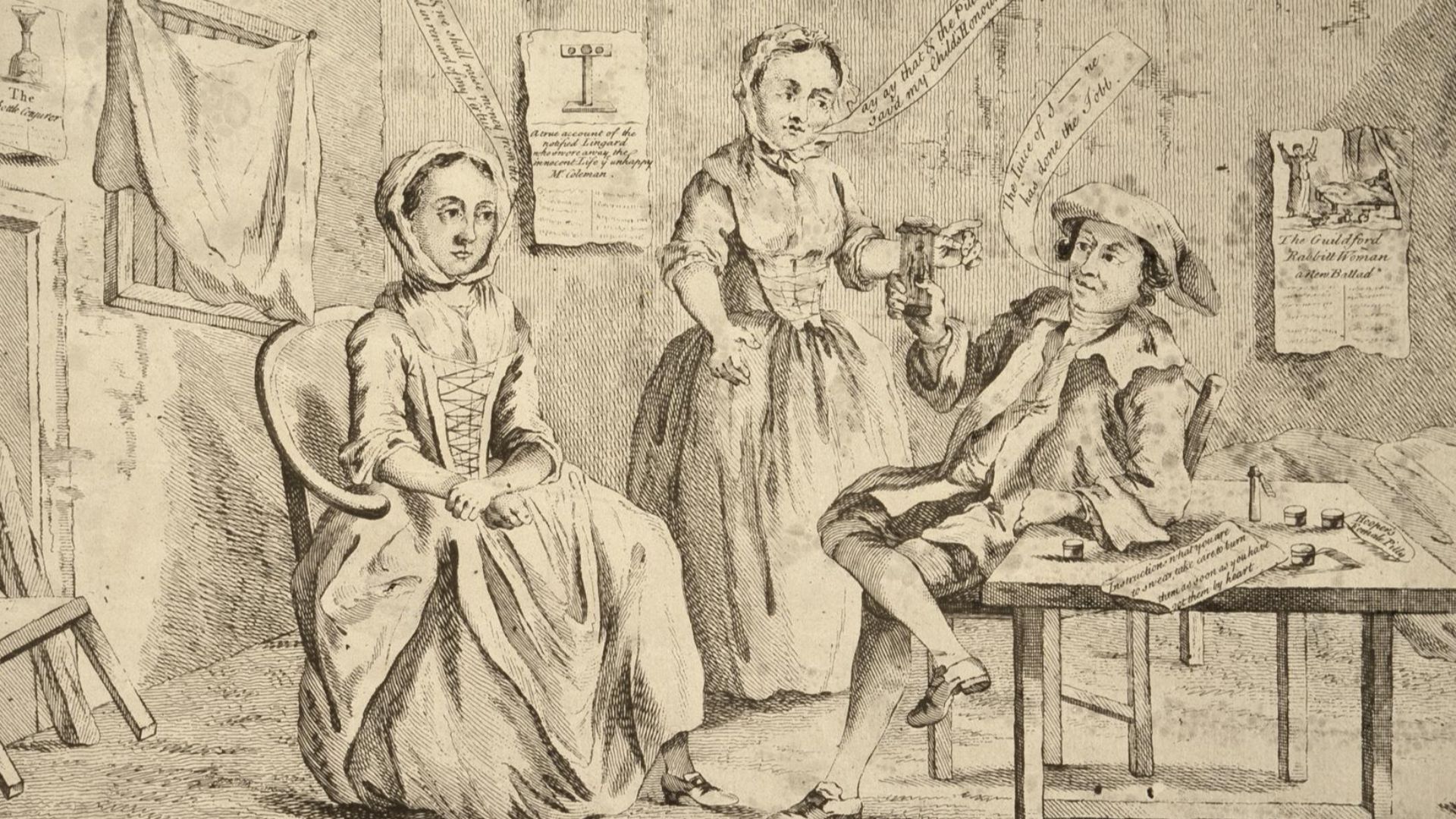 Photograpph of a satire on the Elizabeth Canning affair suggesting that she had undergone an illegal abortion with reference to famous frauds: the Bottle Conjuror (see BM Satires 3022), Mary Tofts, the Rabbit Woman, Richard Hathaway. A box of
