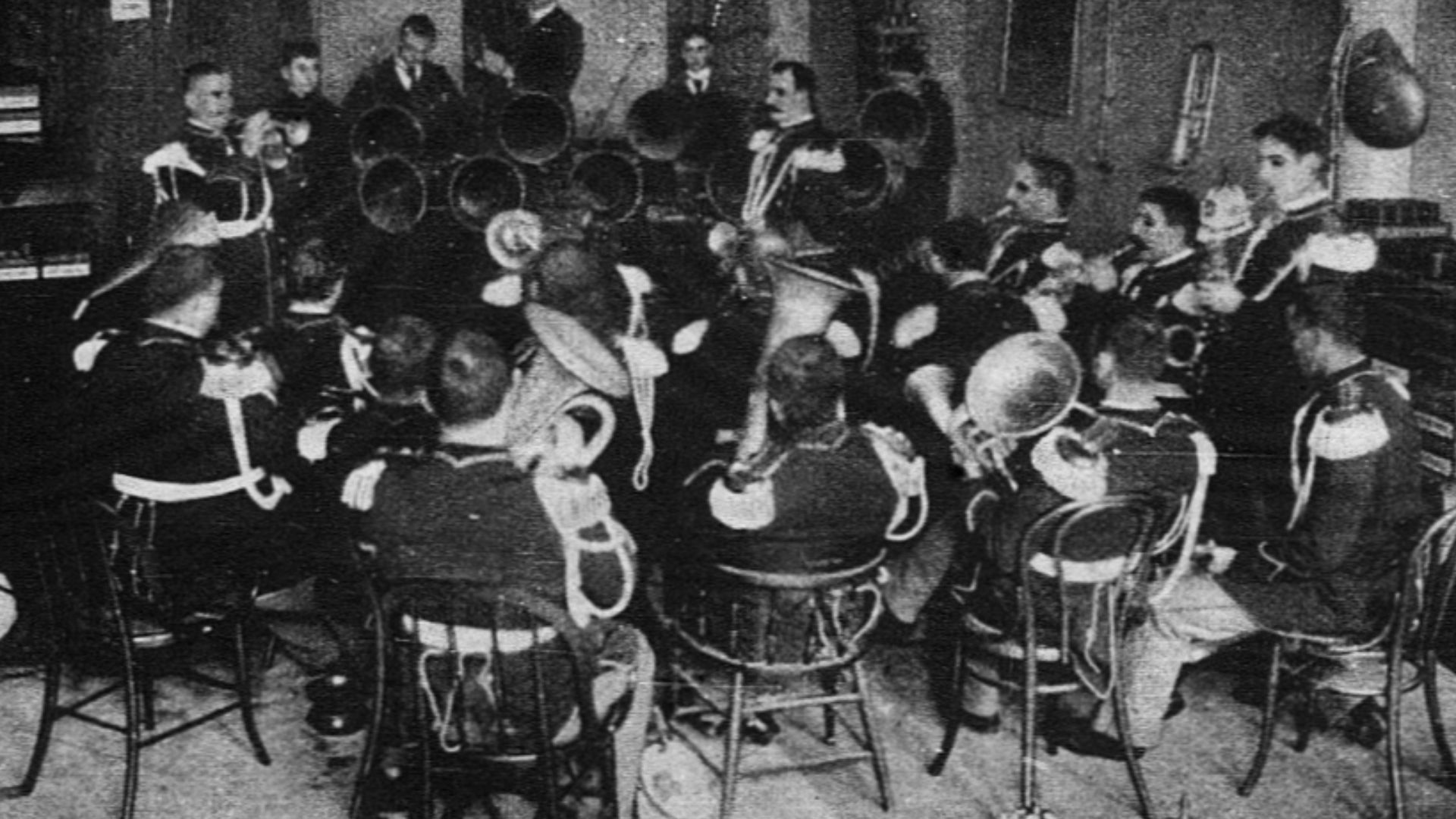 A photo of the United States Marine Band, led at the time by John Philip Sousa, were instrumental in the development of musical recording due partly to their proximity to the Columbia Phonograph Company.