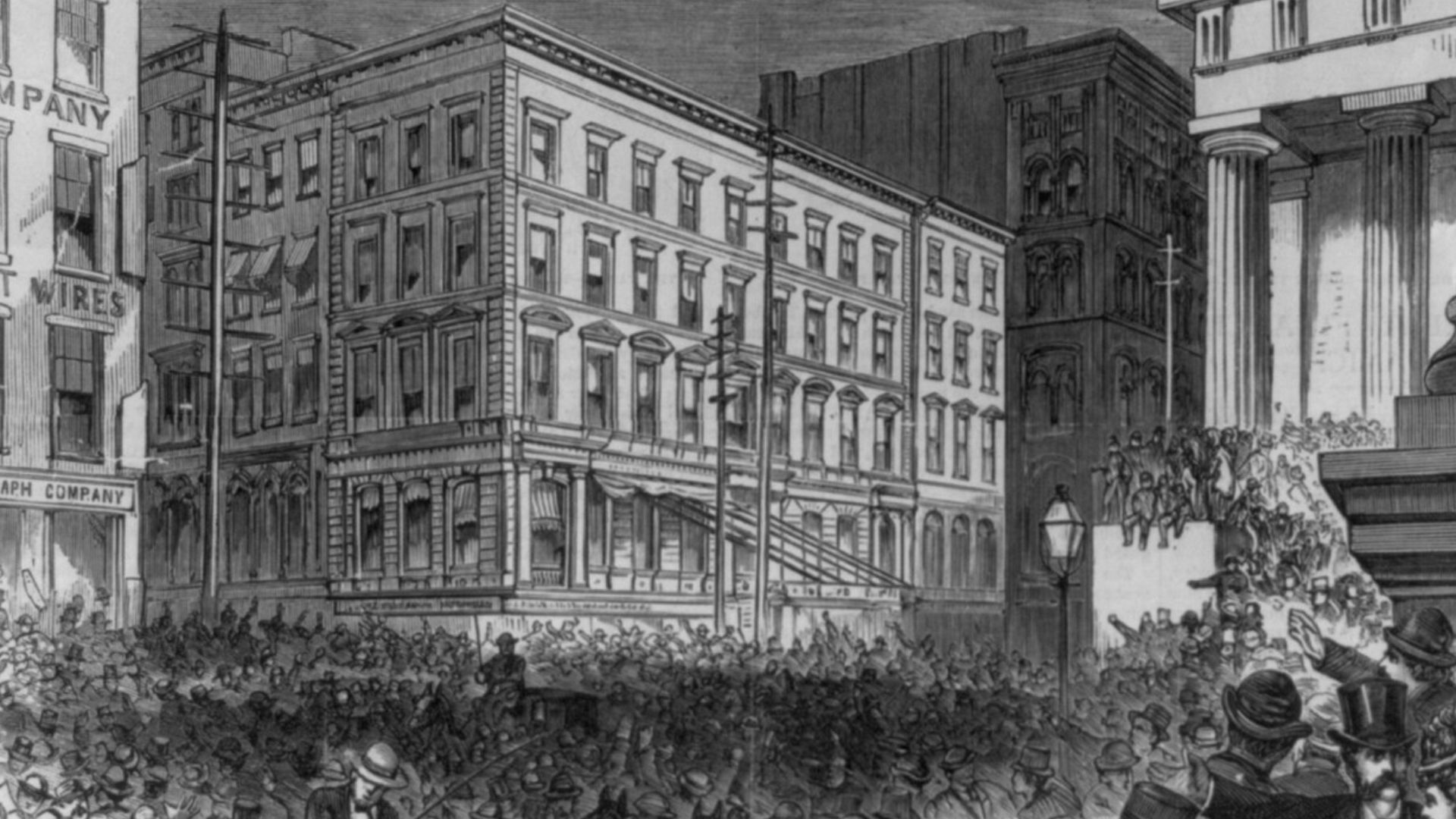 Title: The Great Financial Panic - Intersection of Nassau and Broad Streets with Wall Street - View of the sub-treasury ... on Friday Sept. 19th
Abstract/medium: 1 print : wood engraving.