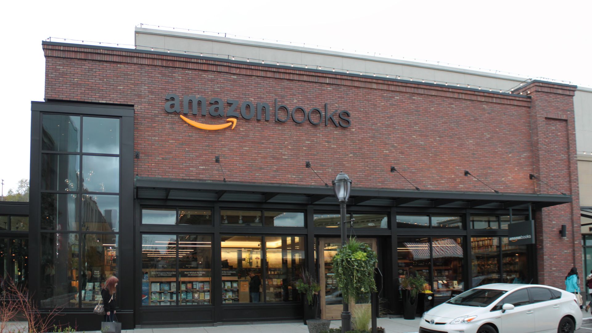 The Amazon Books retail store, the first physical outlet operated by online retailer Amazon.com, at the U Village shopping center in Seattle, Washington.