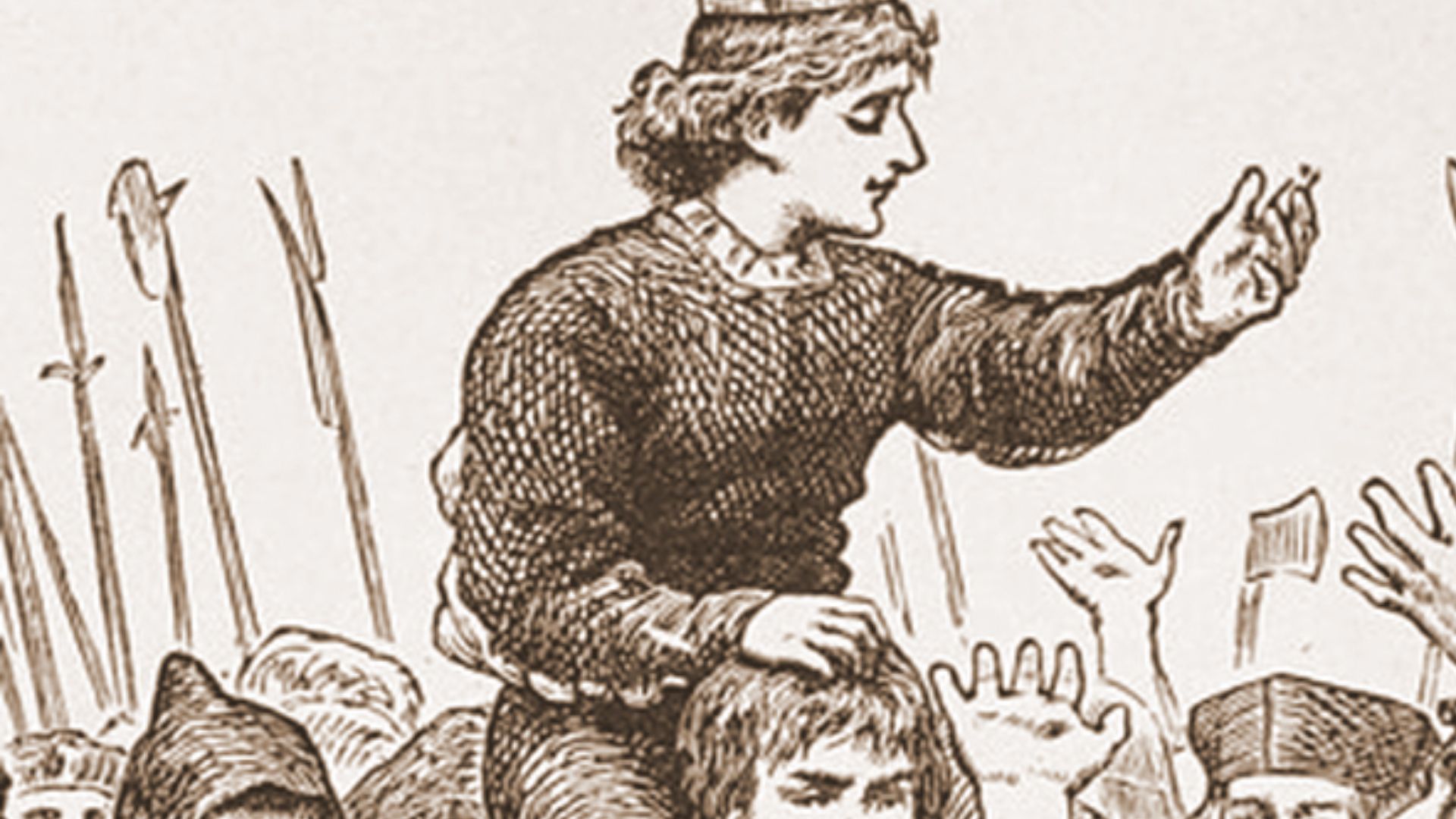 Artist’s impression of w:Lambert Simnel riding on the shoulders of supporters in Ireland