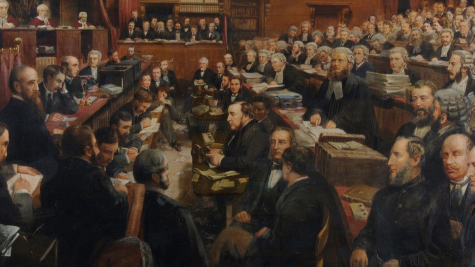 Scene from the Tichborn criminal trial (Regina v. Castro), which took place in 1873–74 at the Court of Queen's Bench, London. The Claimant (probably named Arthur Orton) is the bearded man in the lower centre of the picture, facing left; he is sitting in f