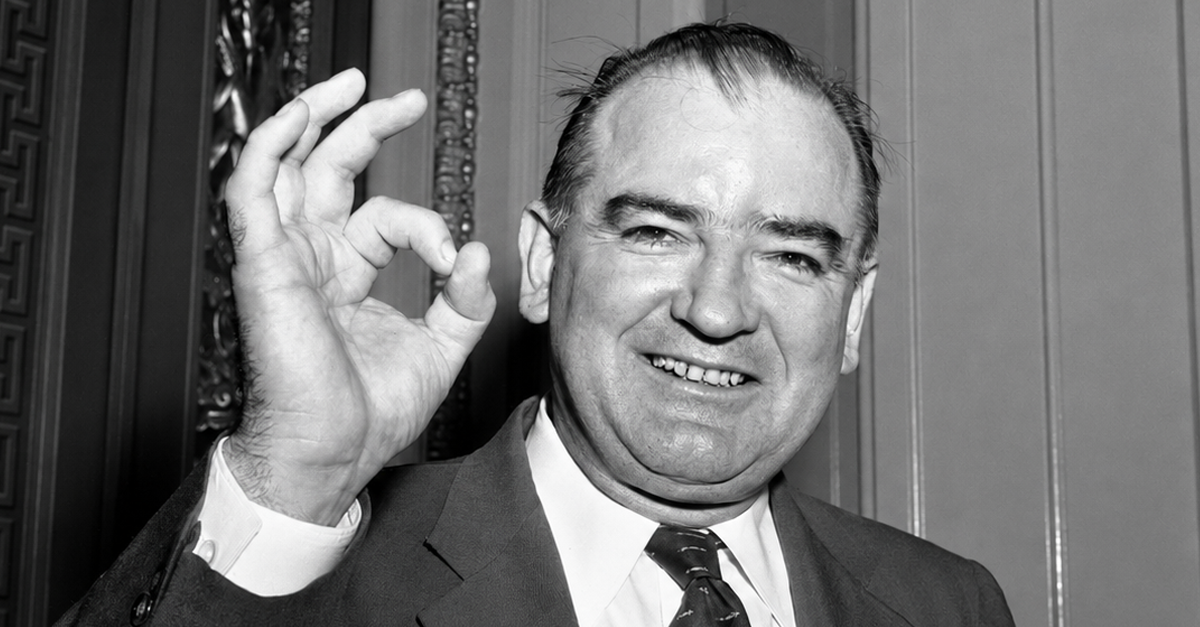 Sen. Joseph R. McCarthy gives a sign of approval, Washington D.C., March 12, 1955