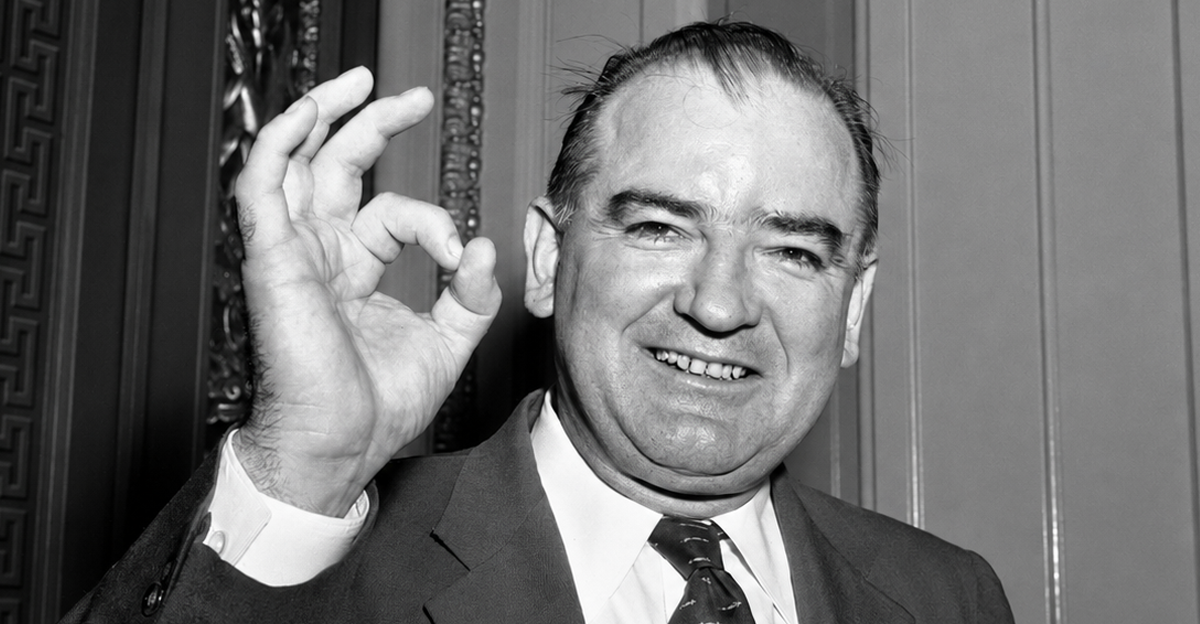 Sen. Joseph R. McCarthy gives a sign of approval, Washington D.C., March 12, 1955