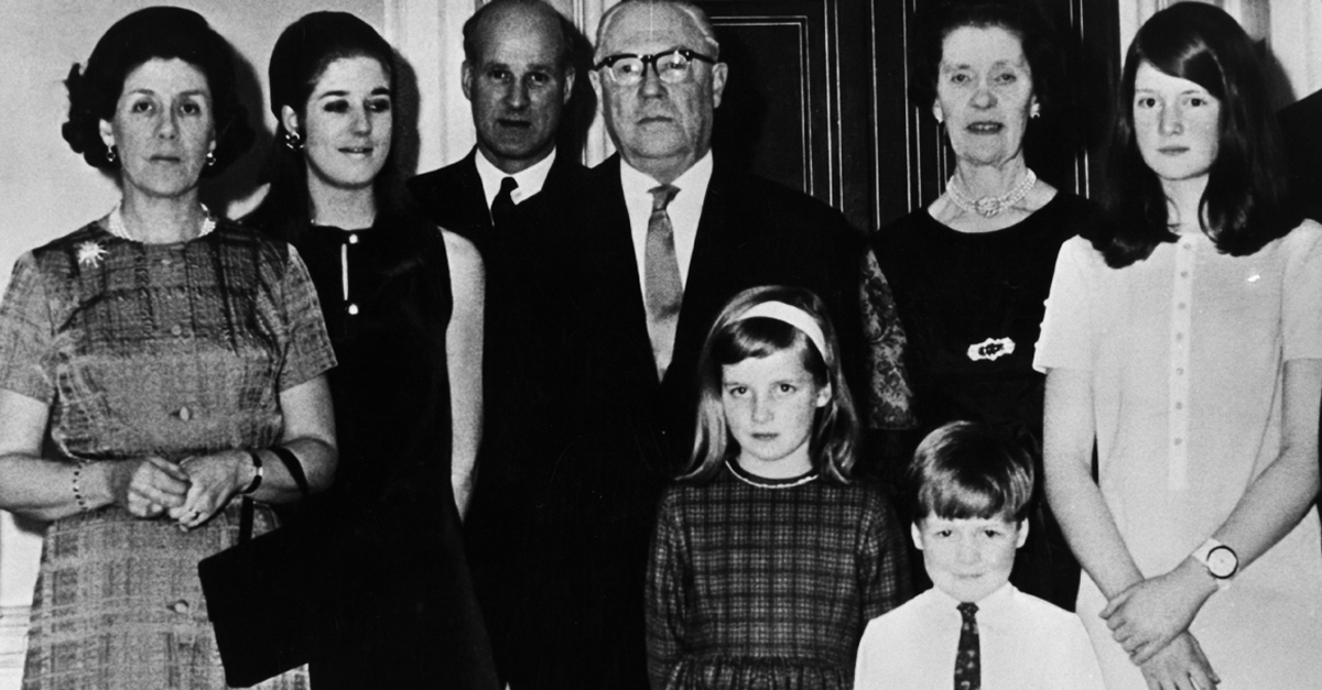 6th March 1969: The Golden Wedding of the 7th Earl and Countess of Spencer. Original Publication: From left to right: Richard Wake-Walker, Lady Anne Wake-Walker, Elizabeth Wake-Walker, Christopher Wake-Walker, Earl Spencer, Countess Spencer, Lady Sarah Sp