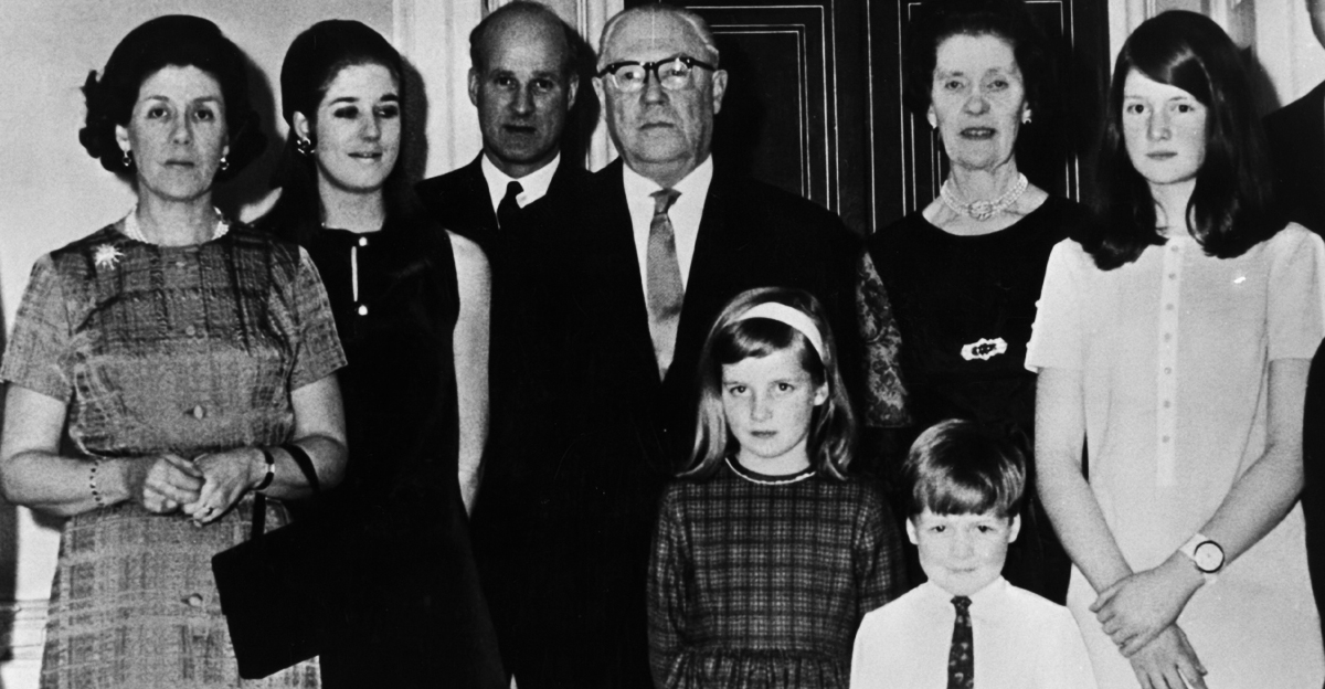 6th March 1969: The Golden Wedding of the 7th Earl and Countess of Spencer. Original Publication: From left to right: Richard Wake-Walker, Lady Anne Wake-Walker, Elizabeth Wake-Walker, Christopher Wake-Walker, Earl Spencer, Countess Spencer, Lady Sarah Spencer, Viscount Althrop, Lady Jane Spencer. Lady Diana Spencer and Charles Spencer stand in the front.