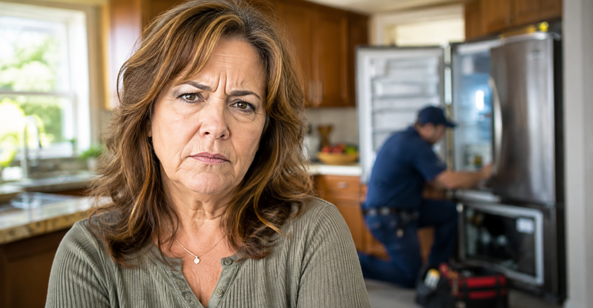 AI-generated image of a frustrated woman standing in kitchen while technician repairs refrigerator