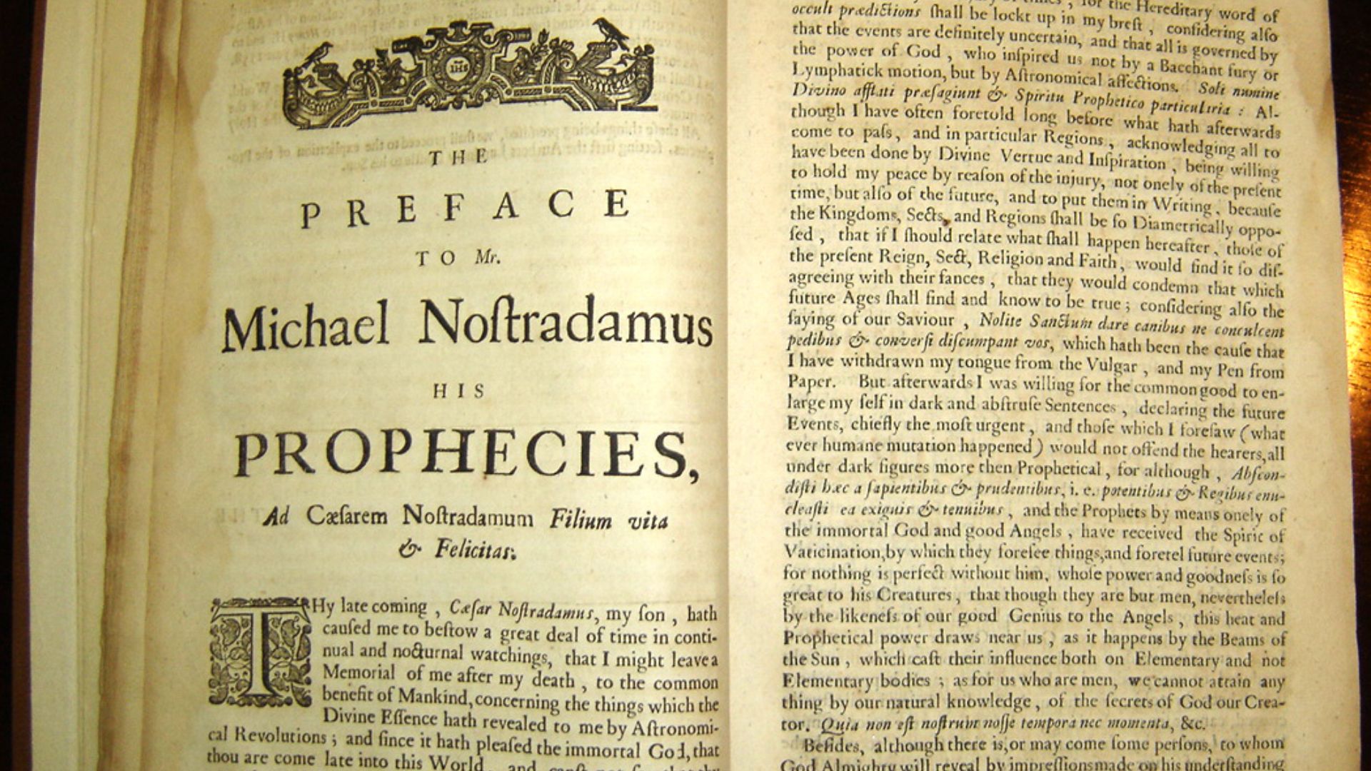 Copy of Garencières' 1672 English translation of the Prophecies (printed in London by Thomas Ratcliffe and Nathaniel Thompson; 1st English ed.), located in The P.I. Nixon Medical History Library of The University of Texas Health Science Center at San Anto