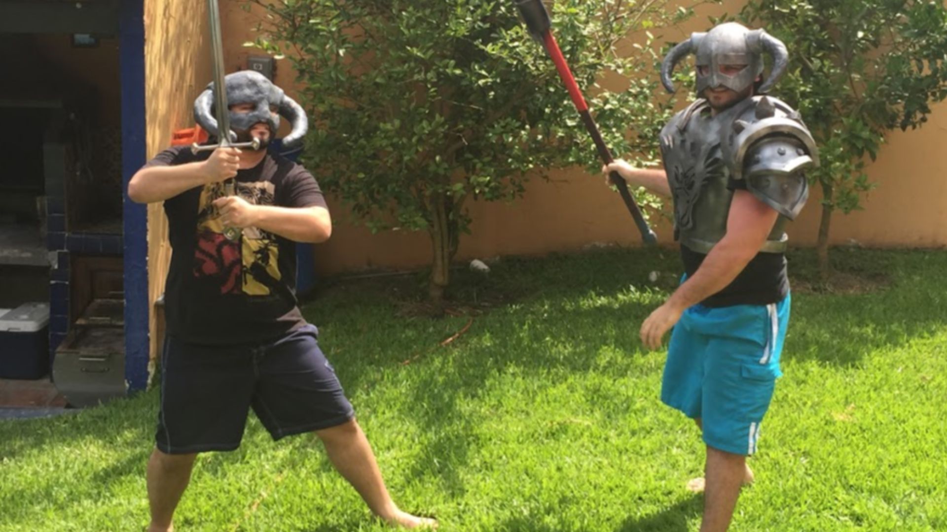 LARP Live Action Role Play. Two players of Pathfinder using his gear in a game session. Dungeons and Dragons. D&D