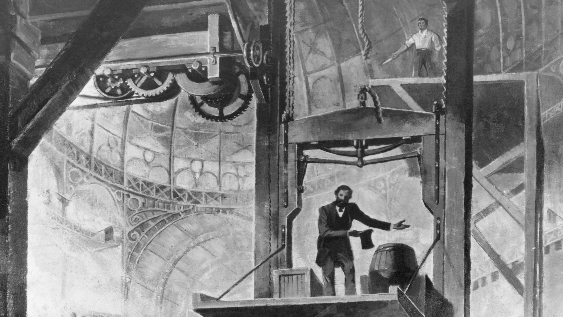 Elisha Otis demo of his free-fall prevention mechanism, New York Crystal Palace, 1854.