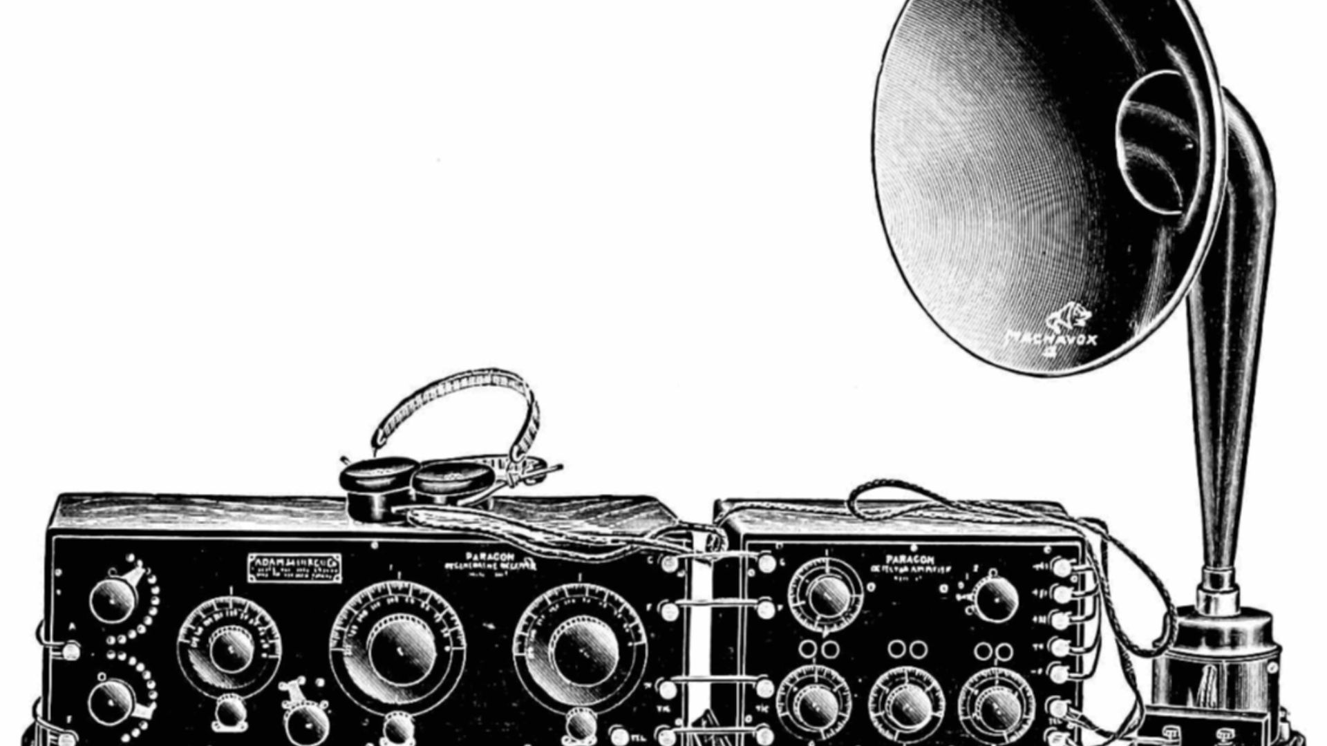 A drawing of an early  vacuum tube regenerative radio receiver and horn loudspeaker, the Paragon receiver, made by Adams-Morgan Co., Montclair, New Jersey, USA, from an advertisement in a radio magazine around 1922.    The radio consists of two units; the