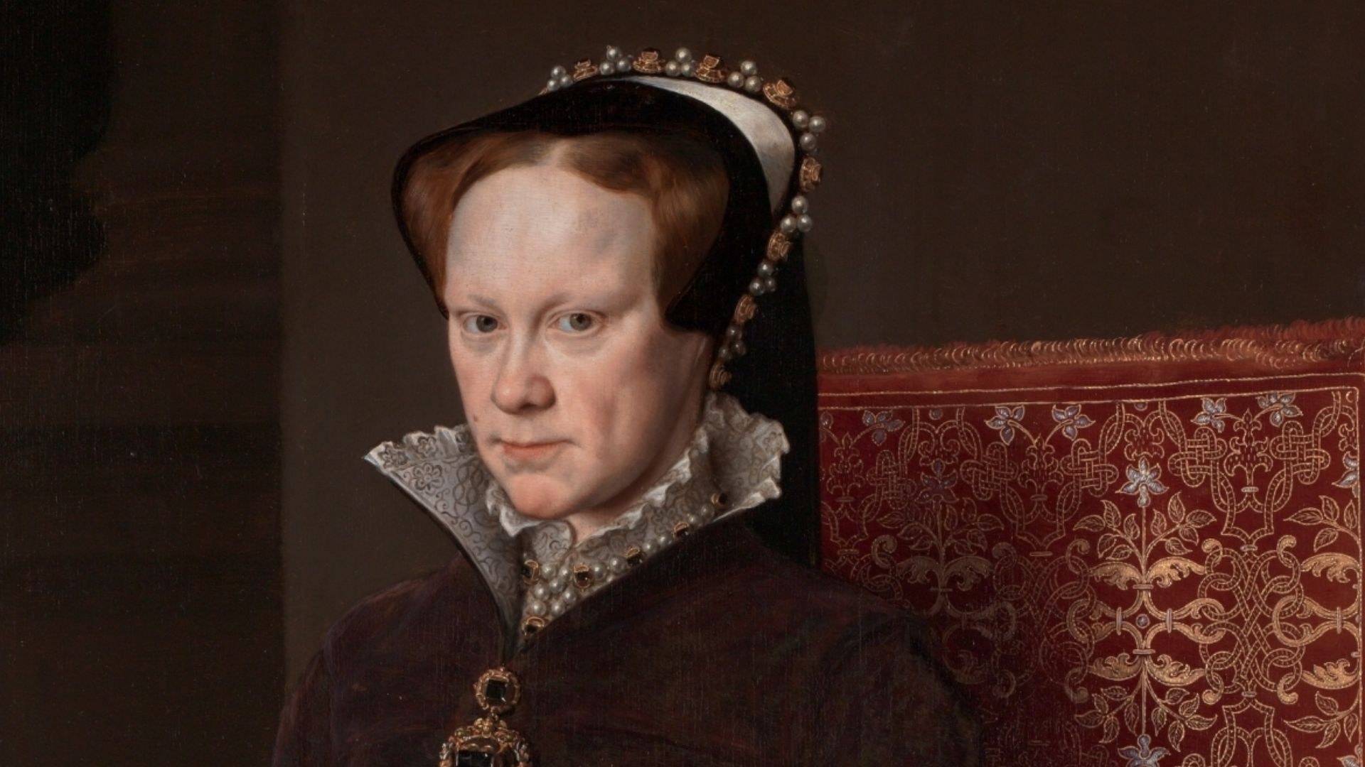 Retrato de la reina María I de Inglaterra (1516-1558), más conocida como María Tudor, que fue hija del rey Enrique VIII de Inglaterra y de la reina Catalina de Aragón y reina consorte de España por su matrimonio con Felipe II, hijo del emperador Carlos I 