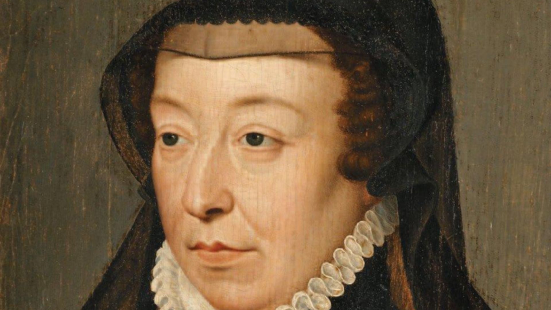 Portrait of Catherine de' Medici (1519-1589), widow of Henry II of France (1519-1559). She wears the black cap and veil of widow, after 1559.