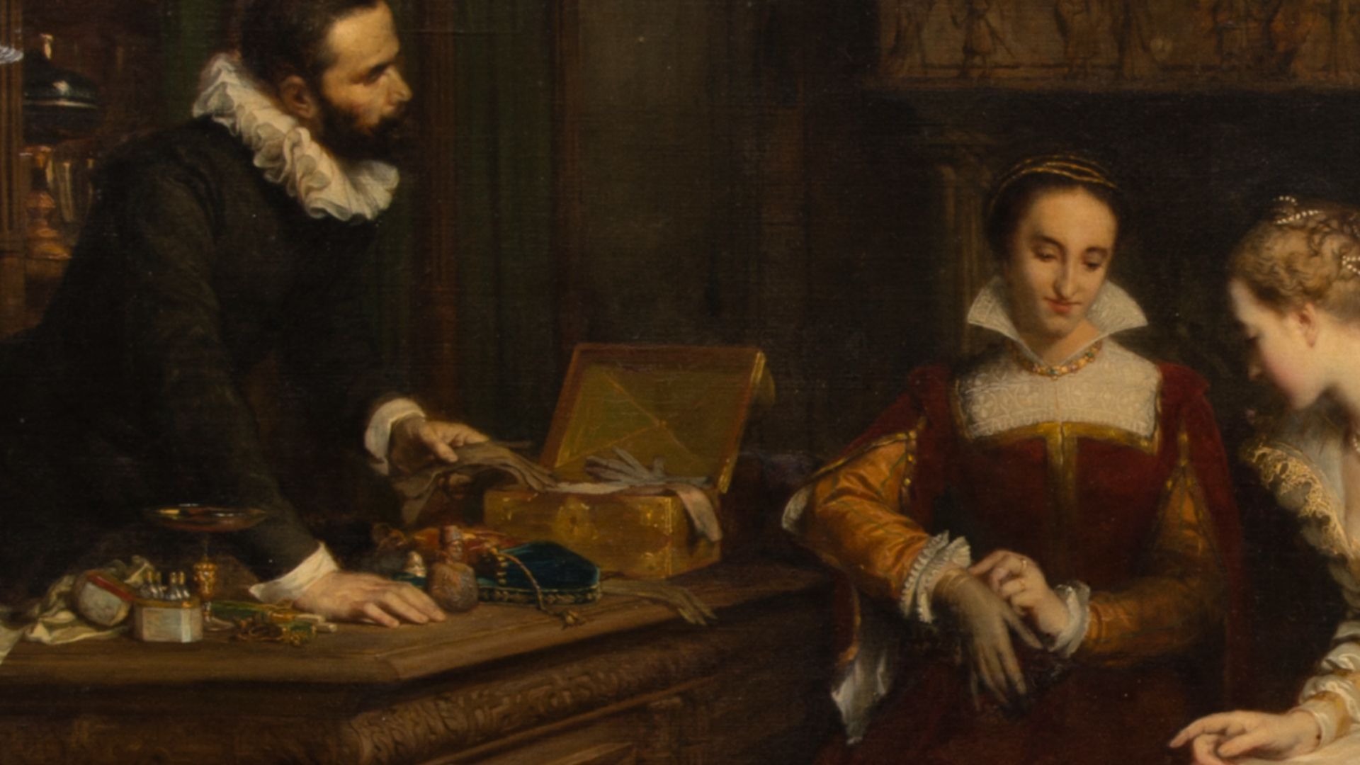 Jeanne III of Navarre Buying Poisoned Gloves from Catherine de Medici's Parfumeur, René
by Pierre-Charles Comte. Sign.