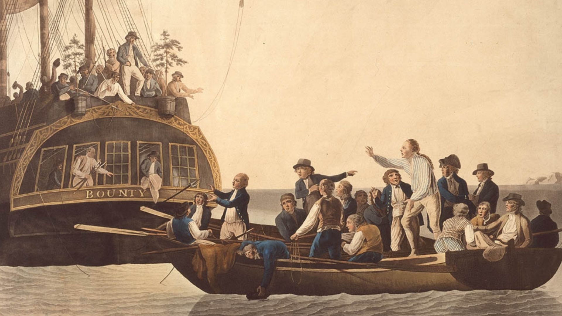 Bligh und die anderen verlassen die HMS Bounty und steigen in das Beiboot.
Künstler: Robert Dodd, 1790