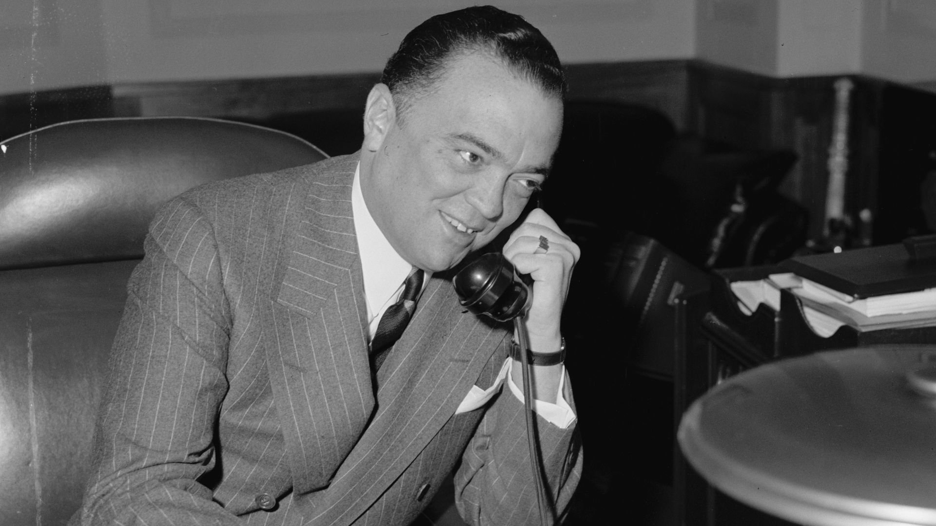 Director Hoover in his office on April 5, 1940. Library of Congress photo.