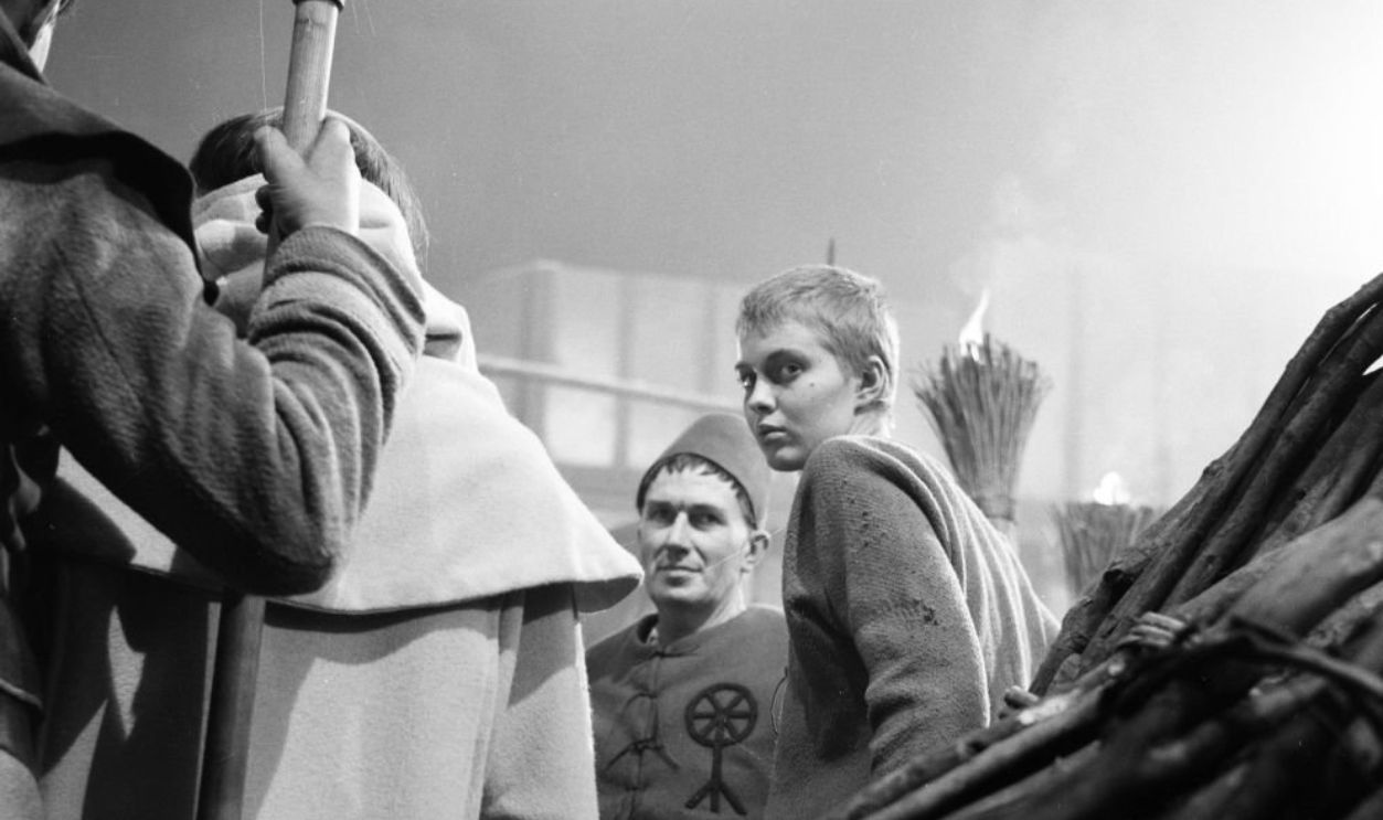 Filming of Saint Joan at Shepperton Studios, Shepperton, Middlesex, Thursday 21st February 1957, the film stars American actress Jean Seberg, in her first role, as Joan of Arc.