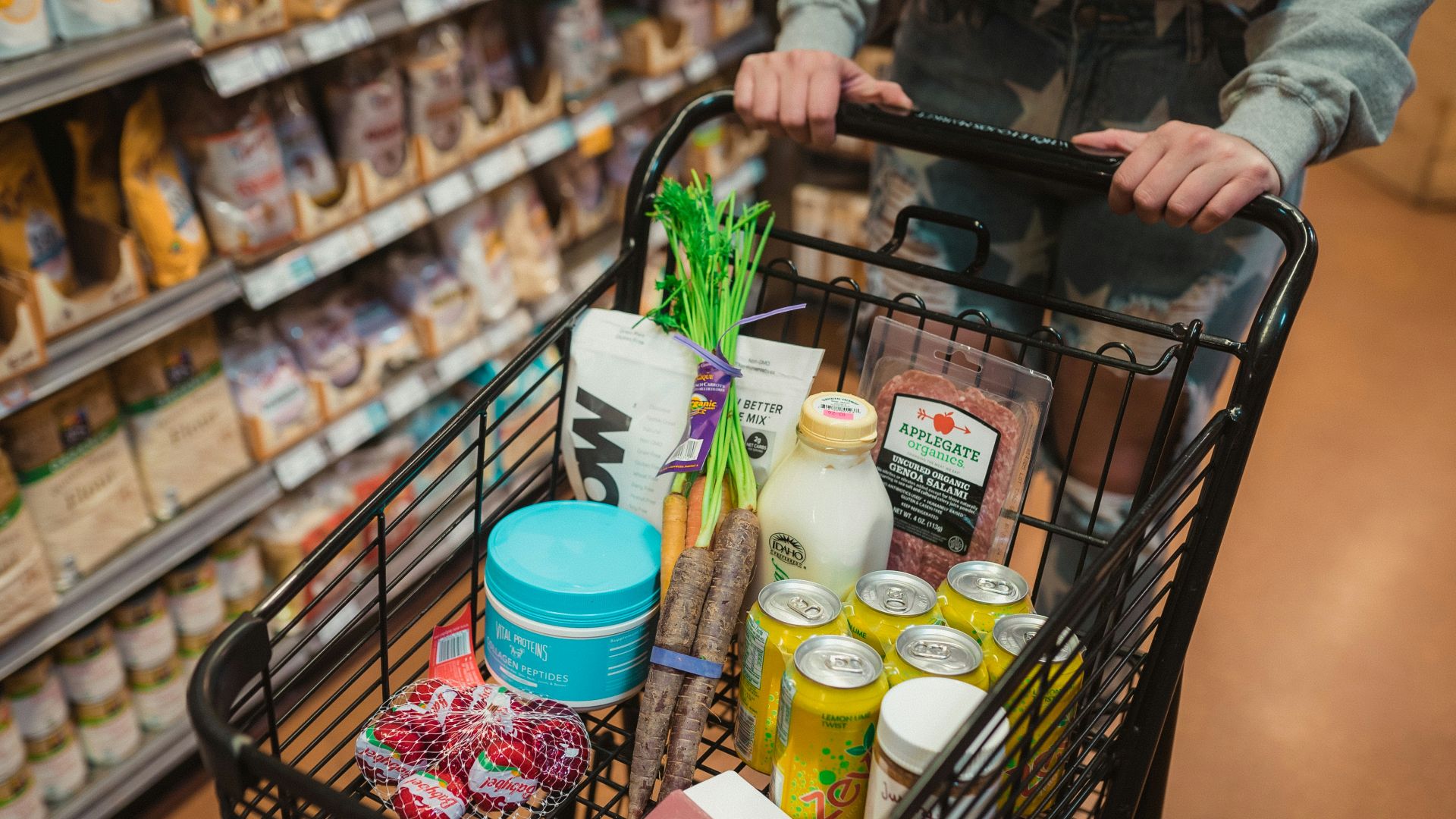 a person pushing a shopping cart full of food
