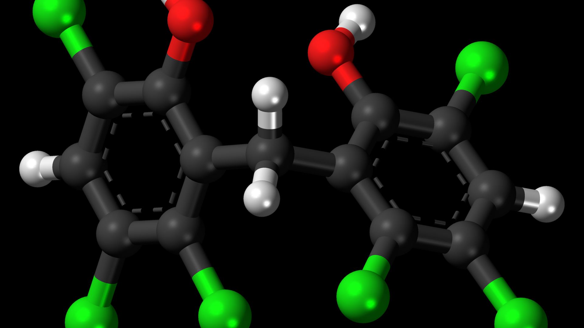 Ball-and-stick model of the hexachlorophene molecule, a disinfectant.
Colour code:

  Carbon, C: black
  Hydrogen, H: white
  Oxygen, O: red
  Chlorine, Cl: green