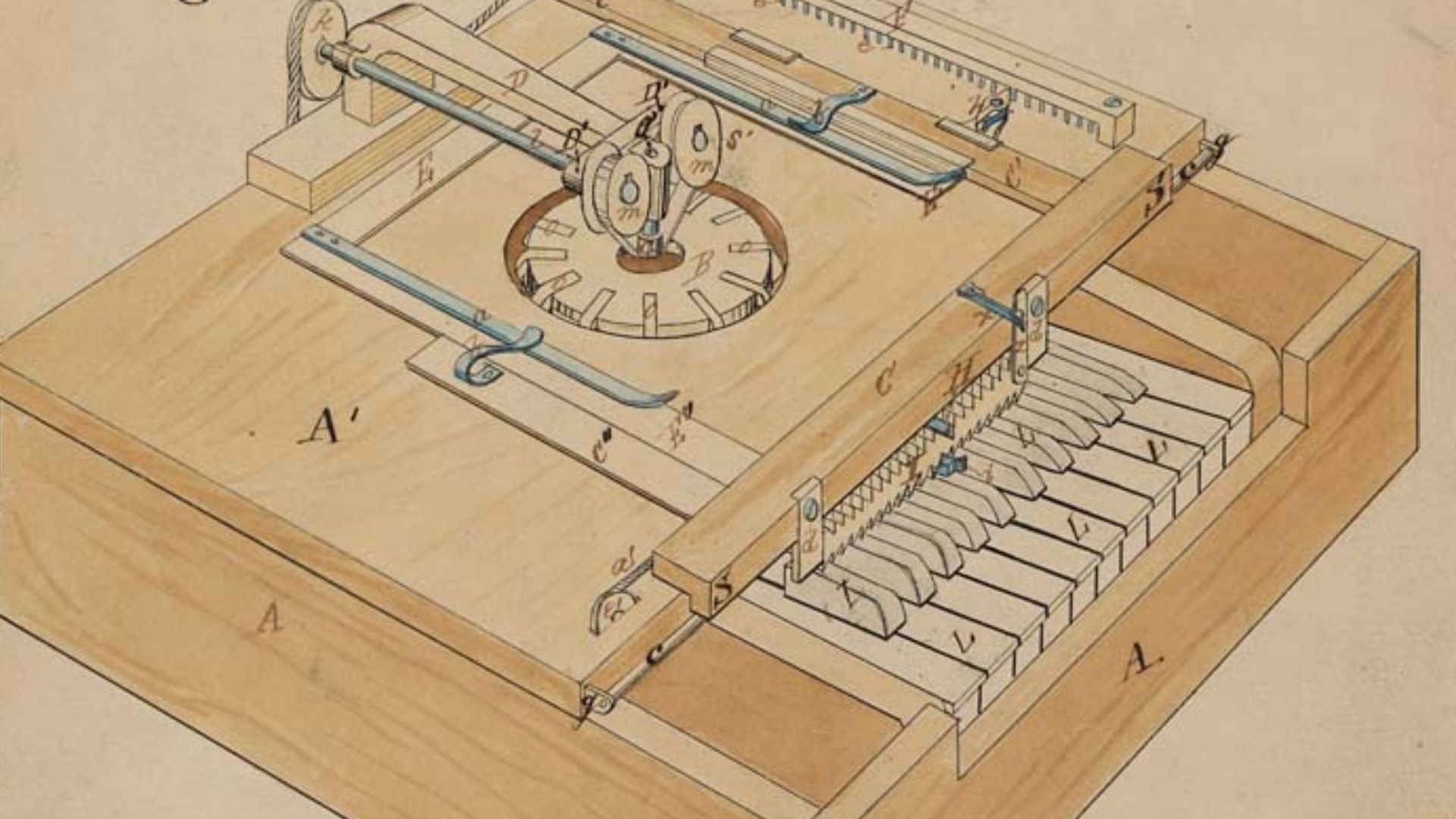 Drawing for a Typewriter, 06/23/1868. This is the printed patent drawing for a typewriter invented by Christopher L. Sholes, Carlos Glidden, and J. W. Soule. From the National Archives