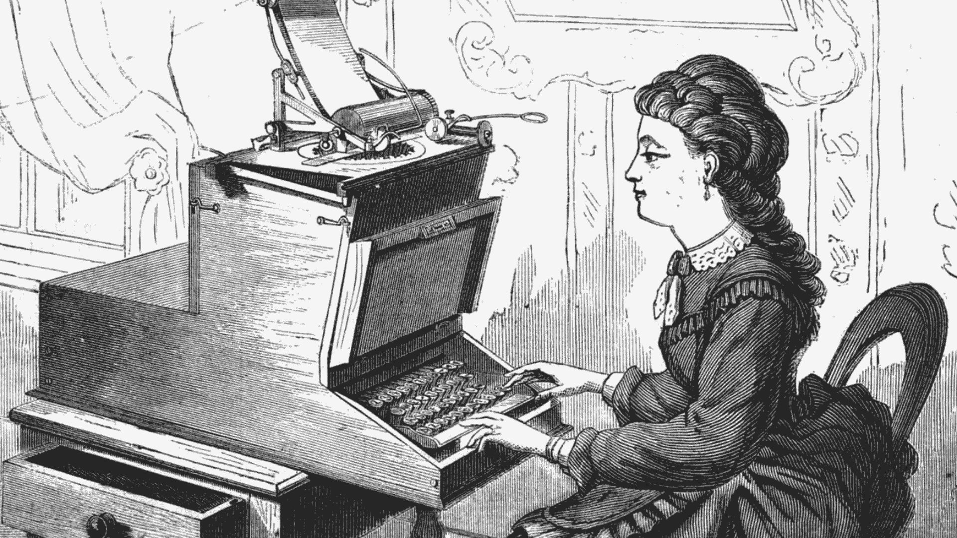 Young woman operating a Sholes and Glidden typewriter