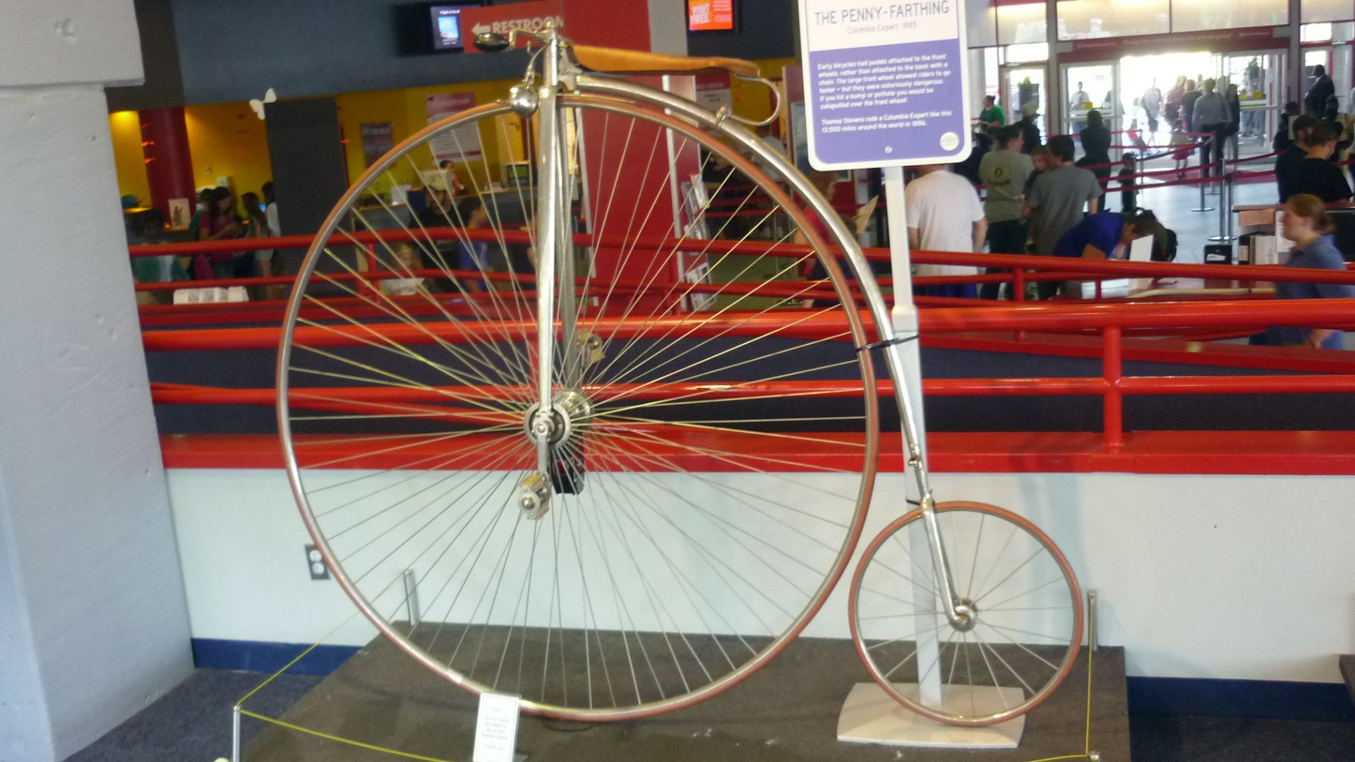 The Columbia Expert – 1885, a penny-farthing (adult) bicycle on display at the Carnegie Science Center in Pittsburgh, Pa. Thomas Stevens rode 13,500 miles around the world in 1886 on a similar Columbia Expert.