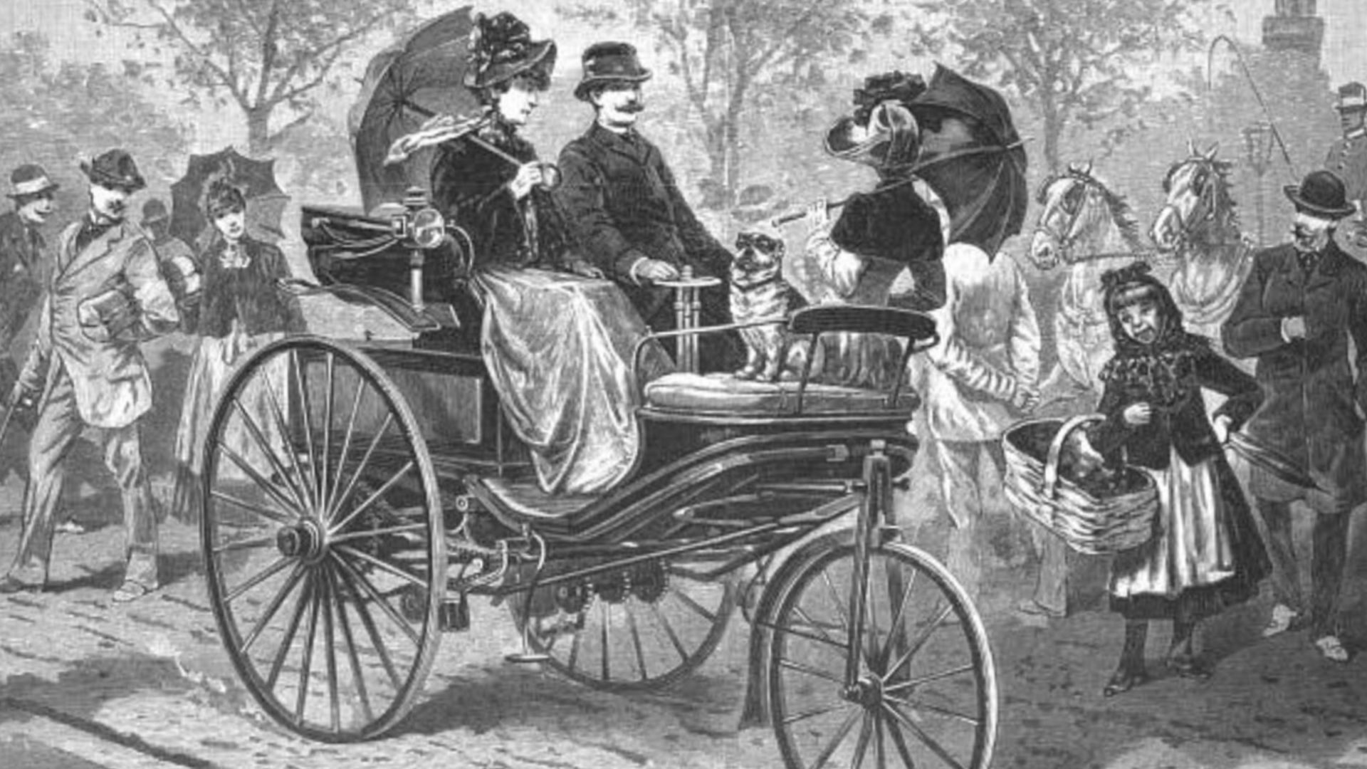Zeichnung von G. Franz, Illustration zum Artikel: Patent-Motorwagen mit Gasbetrieb, in: Illustrirte Zeitung vom 1. Dezember 1888, S. 574 (Digitalisat)